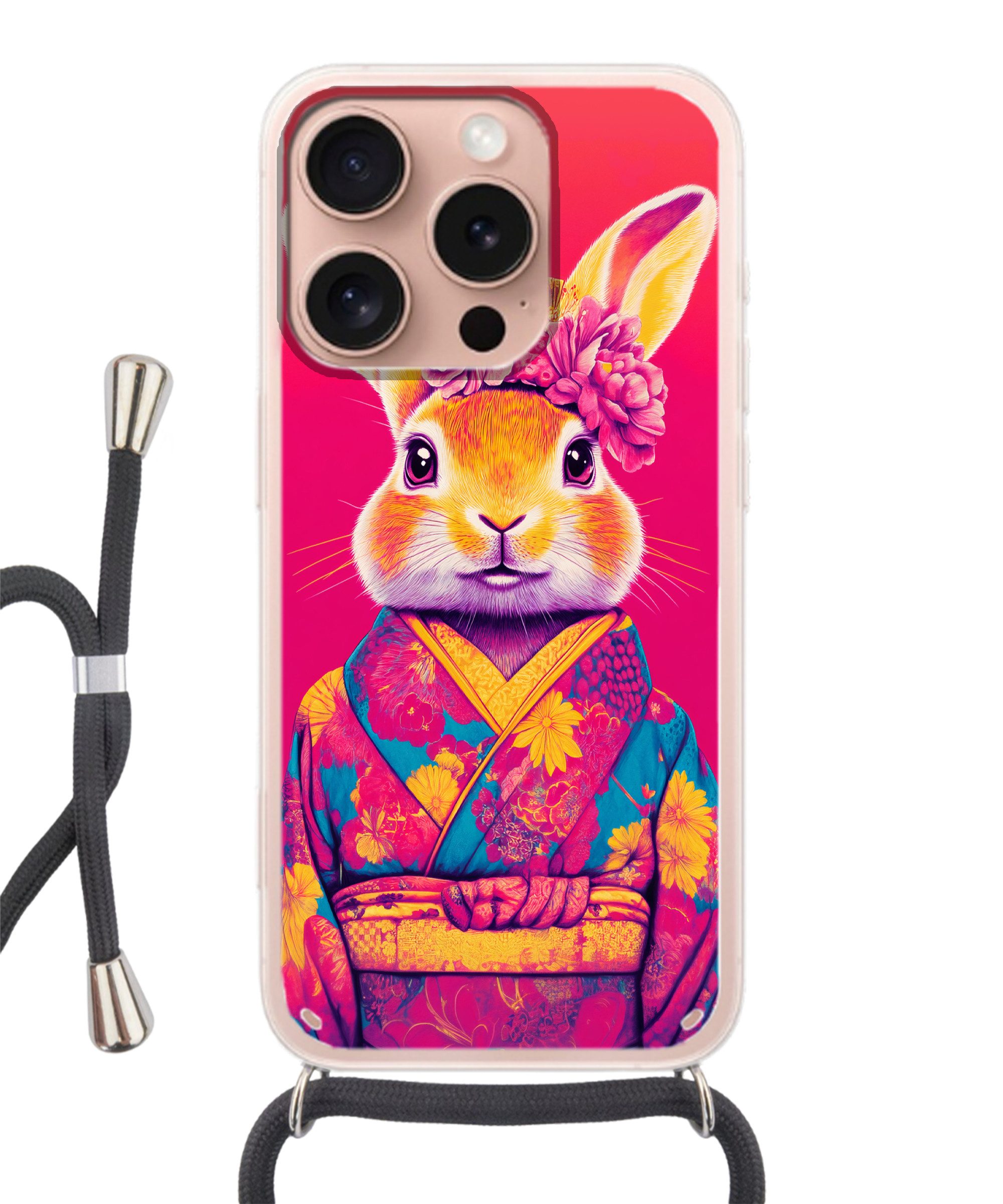MuchoWow Handyhülle für Apple iPhone 16 Pro Kaninchen - Blumen - Farbenfroh - Kimono, Tragbare Handyhüllen mit Kette zum umhängen, Handykette Handyband