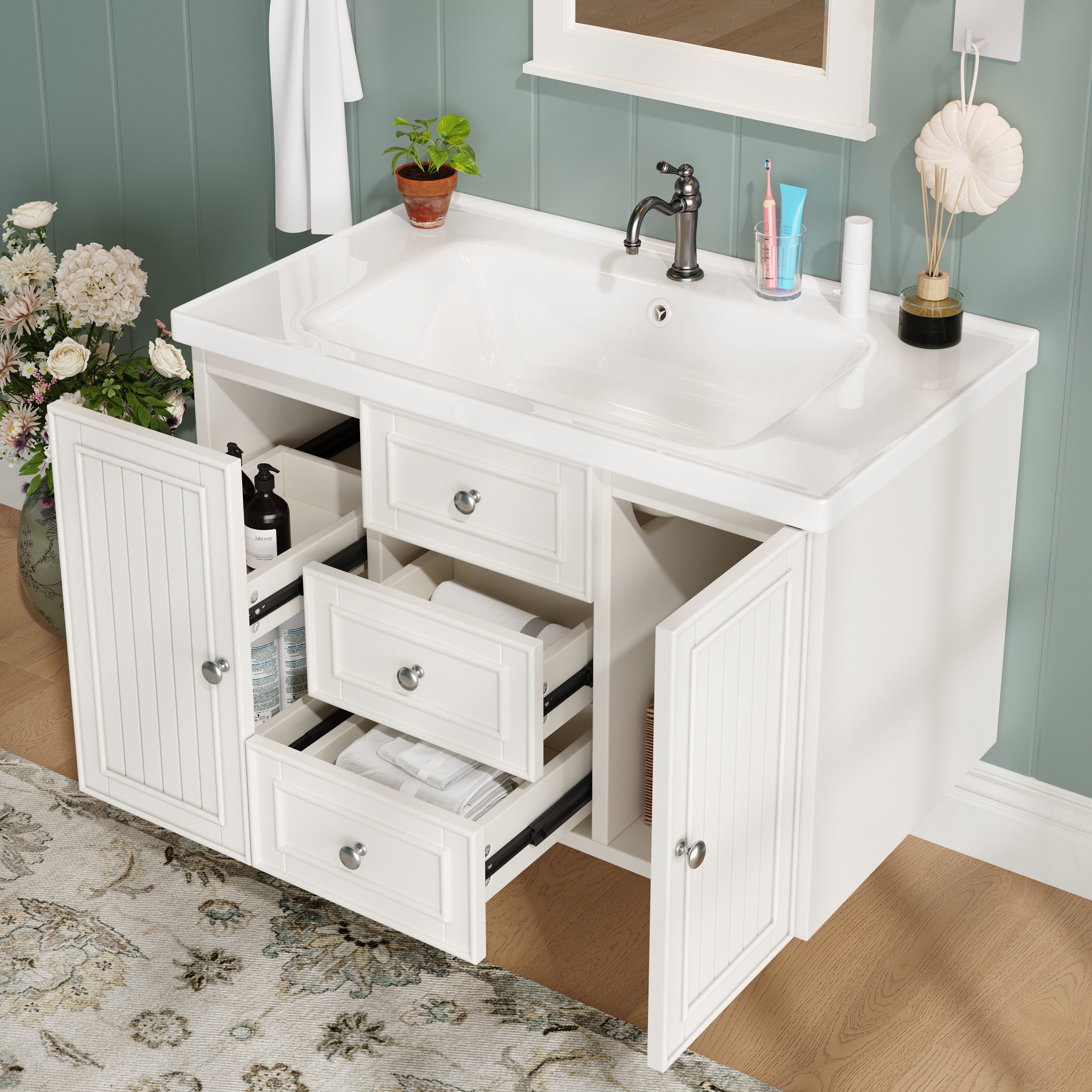 Flieks Waschtisch mit 4 Schubladen und 1 Türen (B81/T46/H50,3 cm, 1-St., wandhängend, Badschrank Waschplatz mit Schubladen), Waschbeckenunterschrank mit Waschbecken Badmöbel in Breite 81 cm