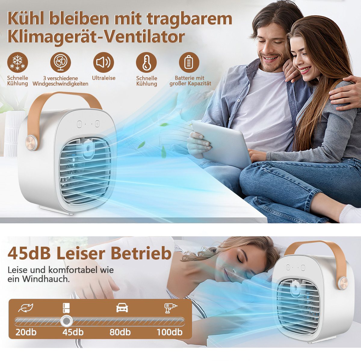 MOPUEA Ventilatorkombigerät Tischventilator Luftbefeuchter Klimagerät Ventilator mini Klimaanlage, Starker Lüfter, Tragbar leise 4000mAh, Befeuchtung für Büro, Zuhause