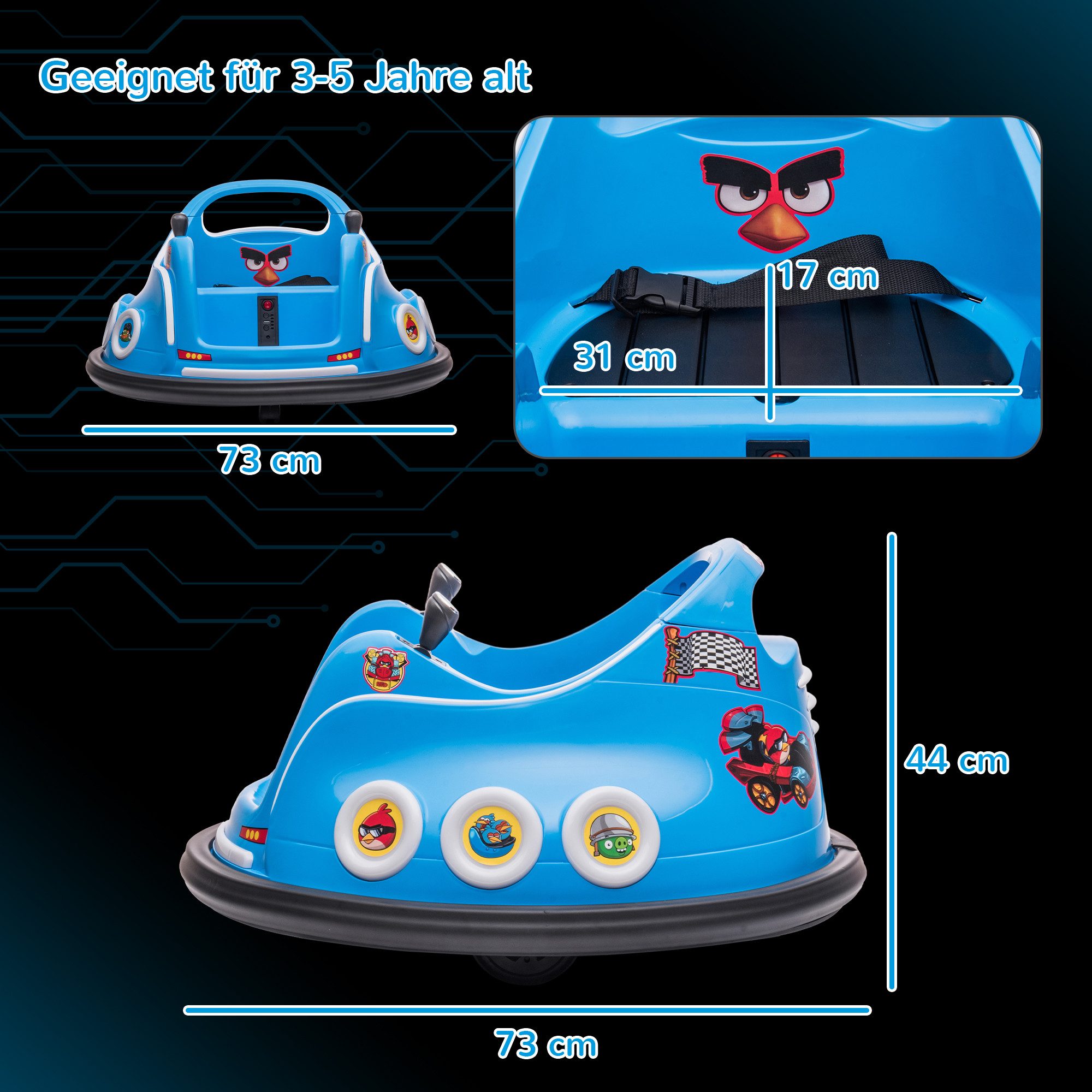 AIYAPLAY Elektro-Kinderauto 12V, mit 2,4 G Fernbedienung, Musik und Lichtern, Belastbarkeit 30 kg, (1-tlg), 1,5-3 km,h, mit 360°-Drehung, für Kinder 3-5 Jahre, Blau