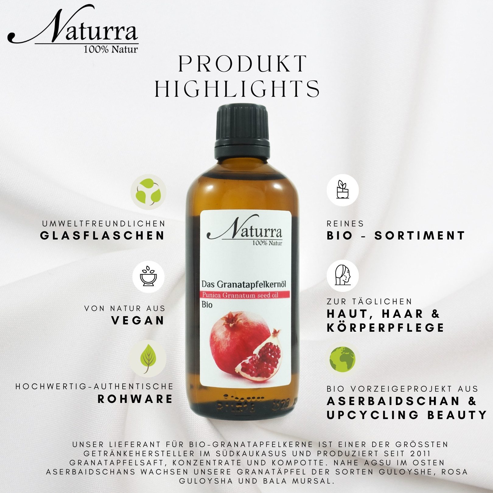 Naturra Körperöl Bio Granatapfelkernöl kaltgepresst unraffinierte Premiumqualität Glas, Kaltpressung, nativ, Upcycling Beauty, Premiumqualität, Omega-5-9-6-Öl