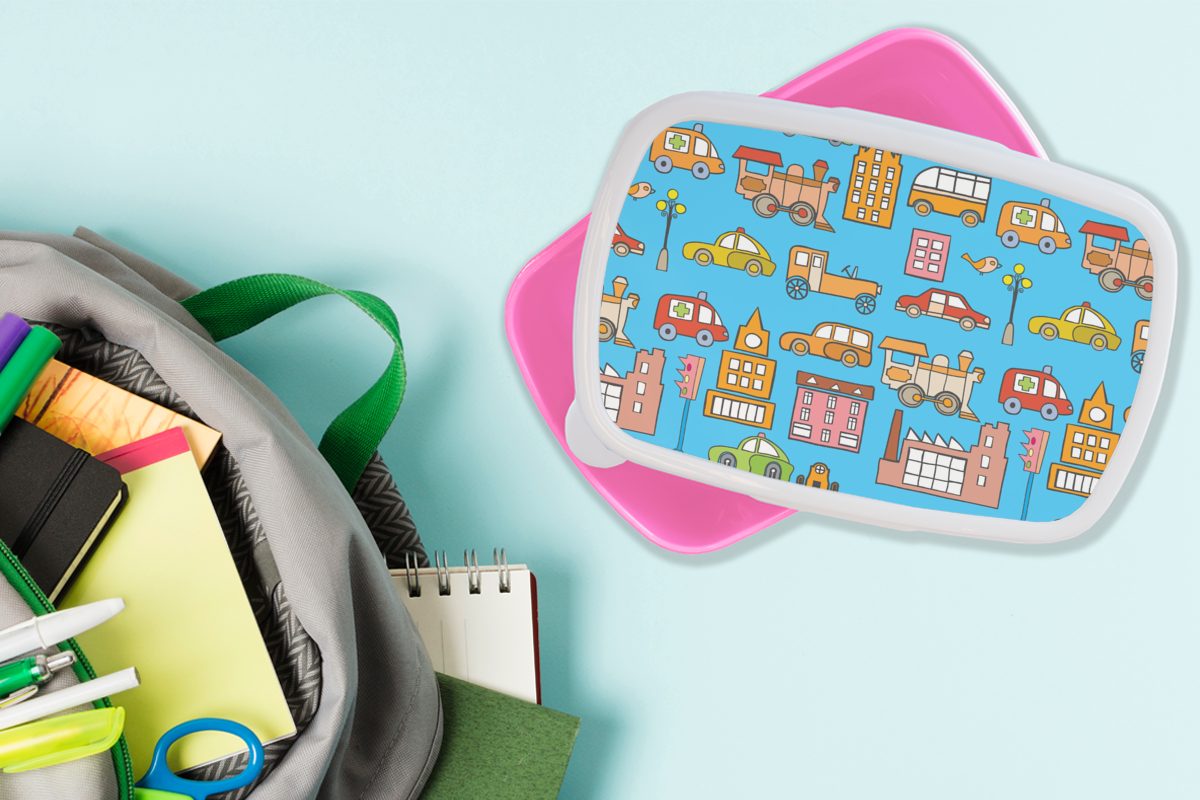 MuchoWow Lunchbox Muster - Auto Brotbox Kunststoff Erwachsene, - für Mädchen, Kinder, Haus, Brotdose rosa (2-tlg), Kunststoff, Snackbox