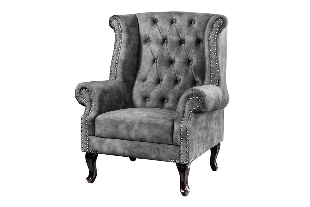 riess-ambiente Ohrensessel CHESTERFIELD 105cm grau / dunkelbraun (Einzelartikel, 1-St), Wohnzimmer · Samt · Holz · Relax · Schlafzimmer