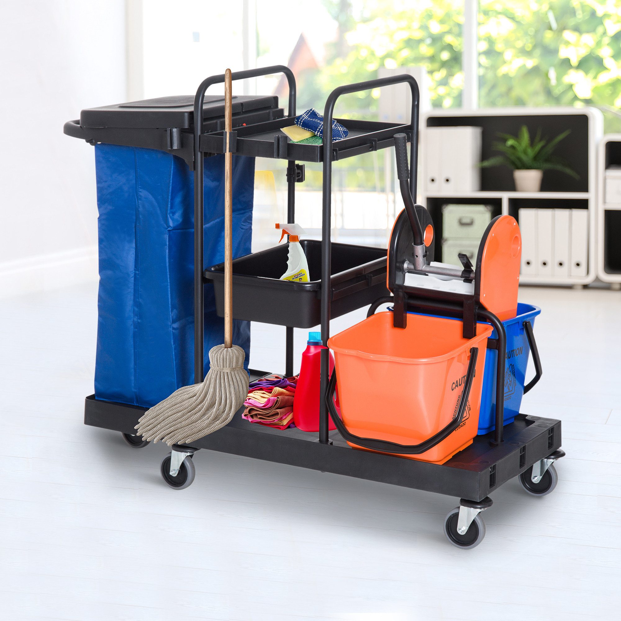 HOMCOM Putzeimer Reinigungswagen mit 4 leichtgängigen Rollen, (Wischwagen, 1-tlg., Putzwagen), Schwarz+Blau+Orange 111 × 63,3 × 103 cm