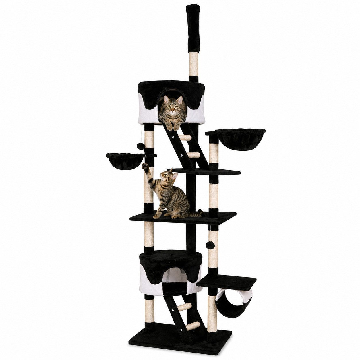 lionto Kratzbaum mit Deckenspanner, 230-250 cm, Aktivitätsturm, mit 2 Höhlen, 2 Liegemulden, Treppen & Spielbällen