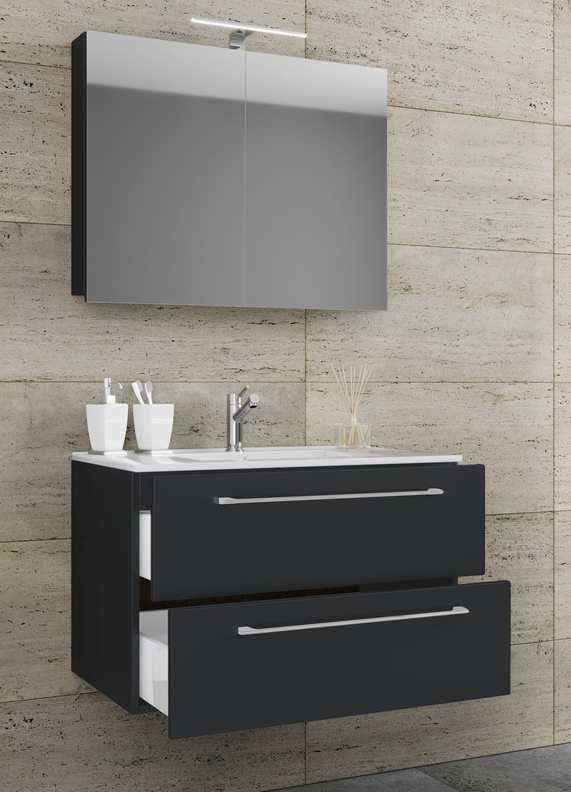 VCM Waschtisch 3 teilig Badmöbel-Set Waschplatz Badinos (Set, 3-St., 1x Unterschrank 1x Waschbecken 1x Spiegel), 3-tlg. Waschplatz, Waschbecken Unterschrank Breite 60 cm, Badmöbel