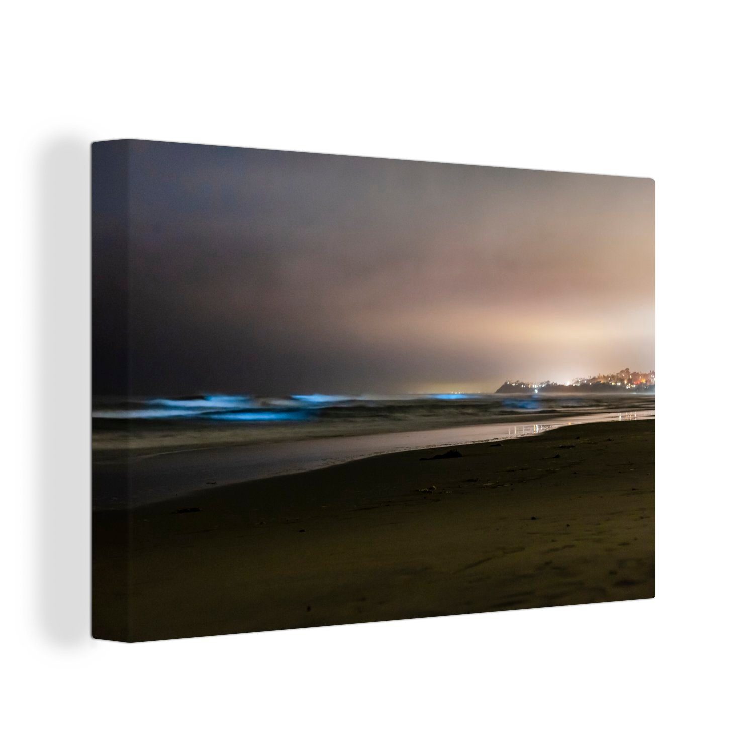OneMillionCanvasses® Leinwandbild Biolumineszierende Wellen in einer Bucht, Leinwandbilder, Wandbild Aufhängefertig, (1 Wanddeko, biolumineszierenden St), 30x20 cm