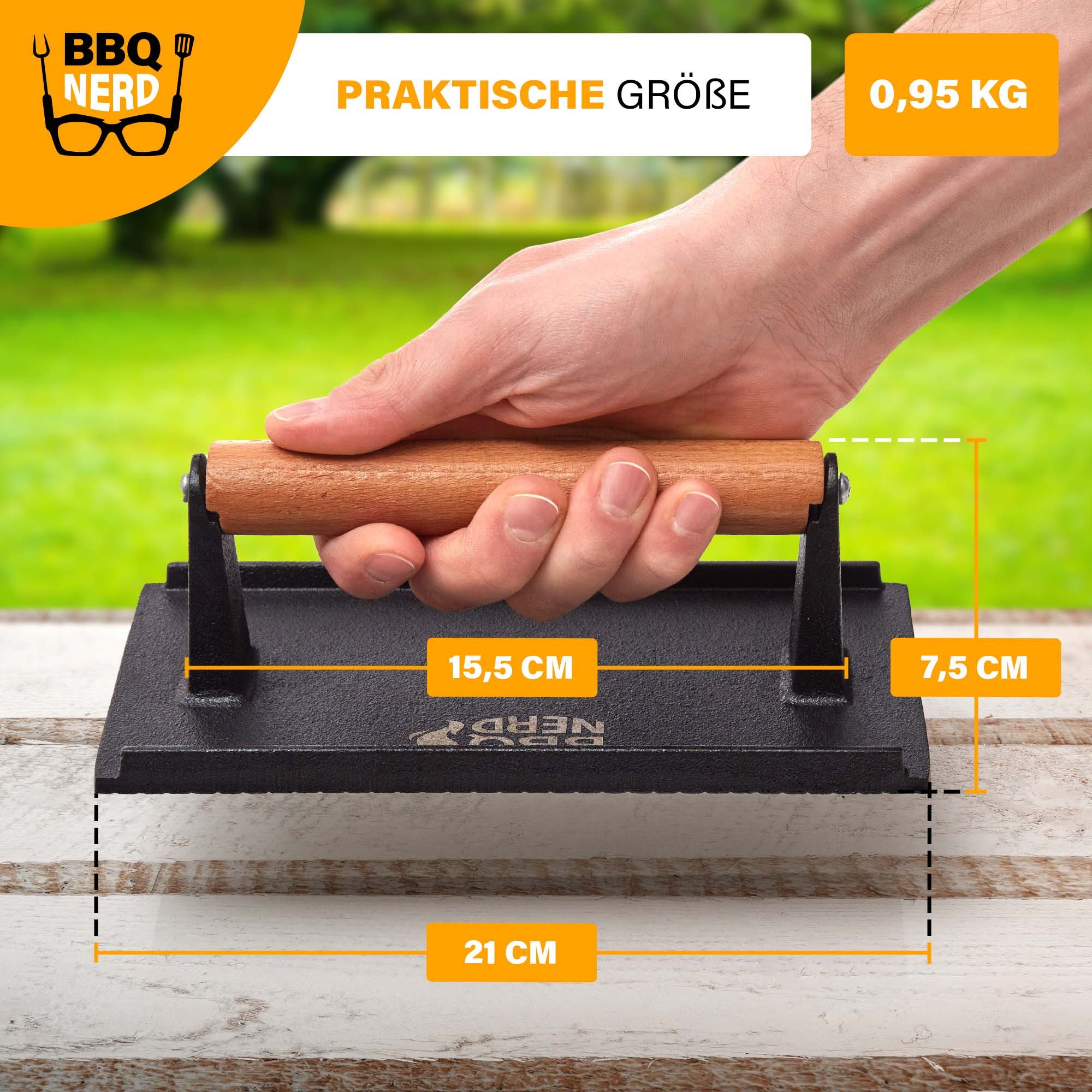 BBQ Nerd Burgerpresse Gusseisen Fleischbeschwerer 21x11cm – Bild 2 von 5