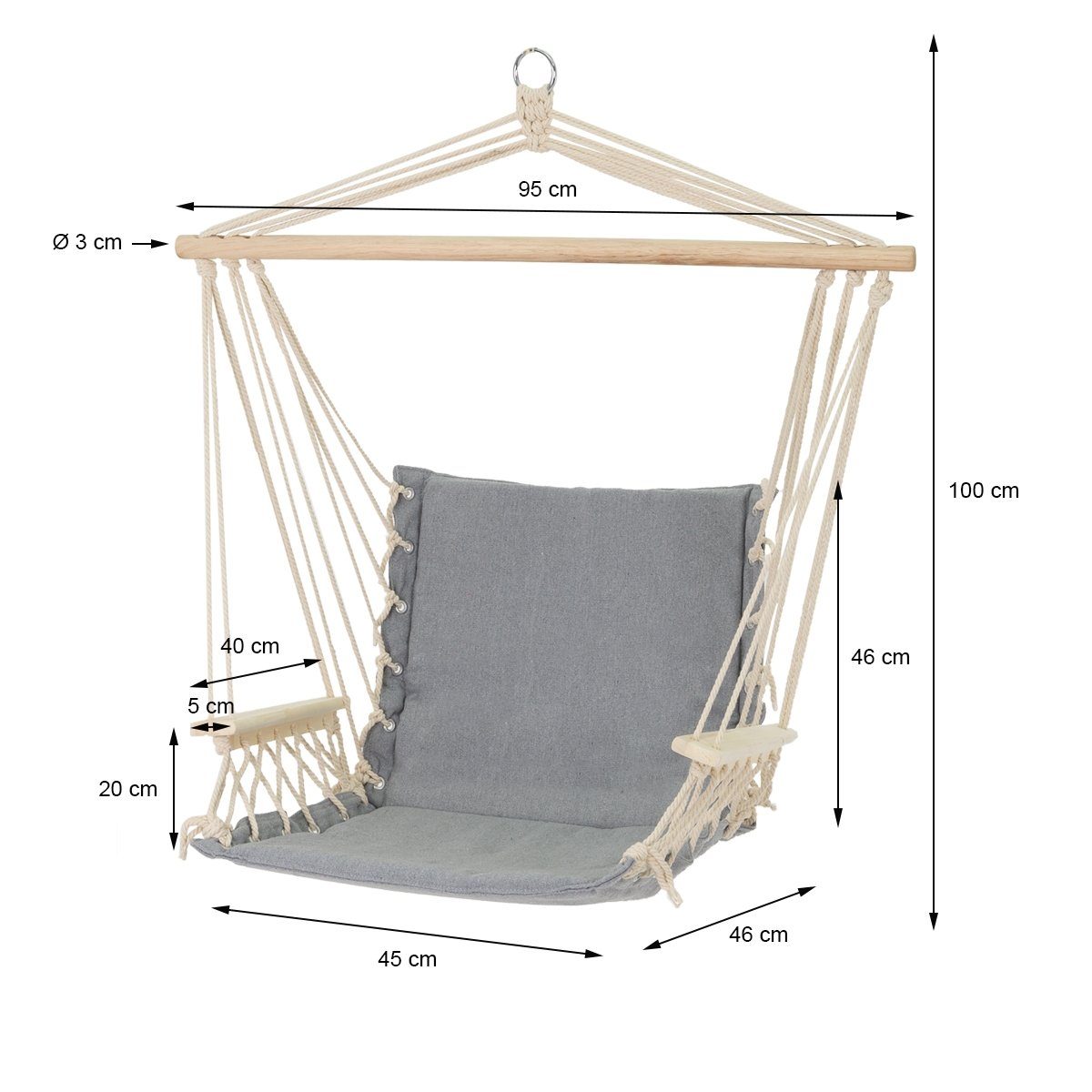 belastbar 120kg, Hängesessel Hängesitz, Hängematte Baumwolle Gepolsterter bis Germany Hängestuhl ECD Grau Holz Armlehnen/Querstab