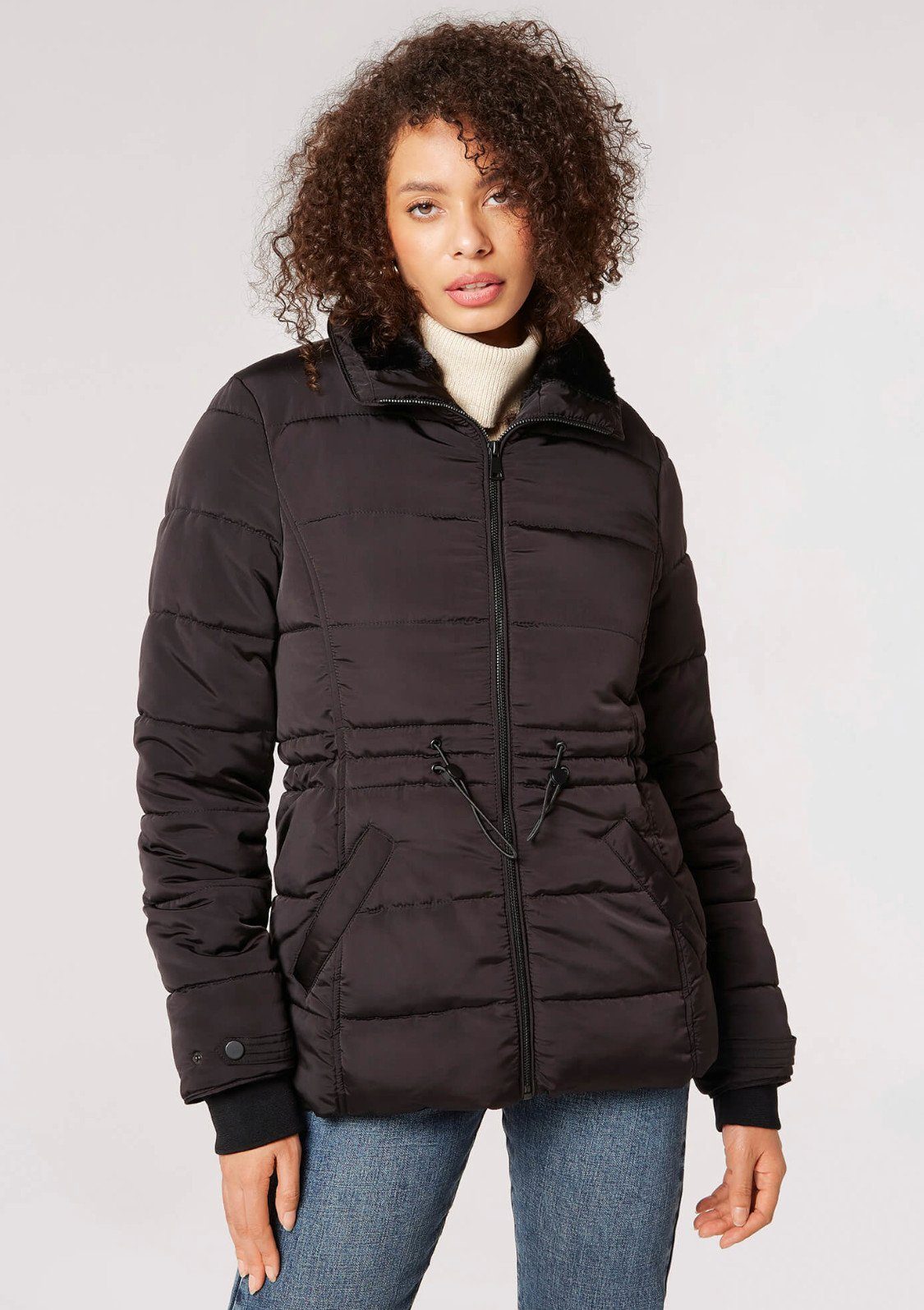 Apricot Winterjacke Fur Lined Rem Hood Puffer Jacket (1-St., mit abnehmbarer Kapuze) mit abnehmbarer Kapuze schwarz