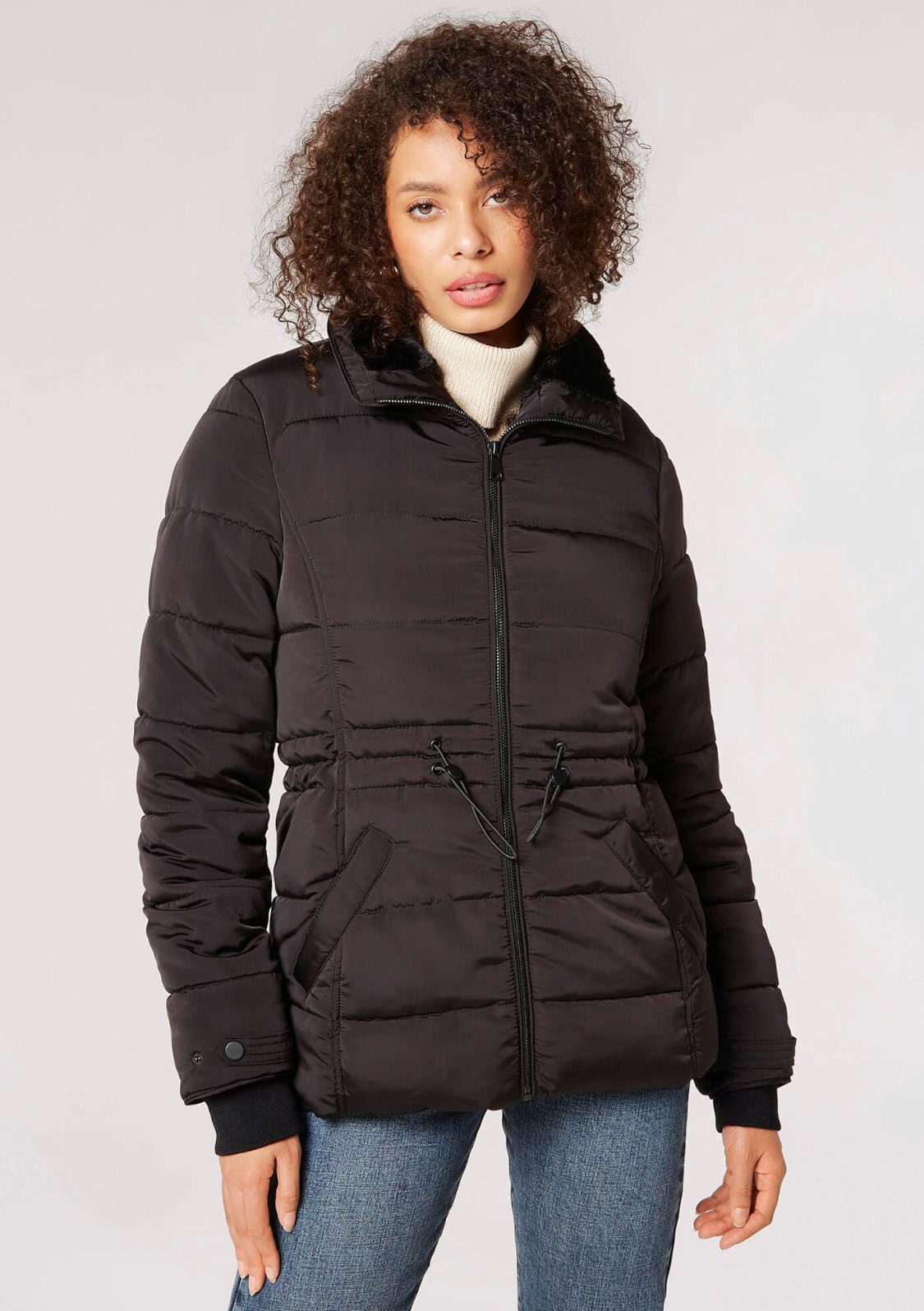 Apricot Winterjacke Fur Hood mit Lined abnehmbarer Kapuze abnehmbarer schwarz Puffer (1-St., Rem mit Kapuze) Jacket