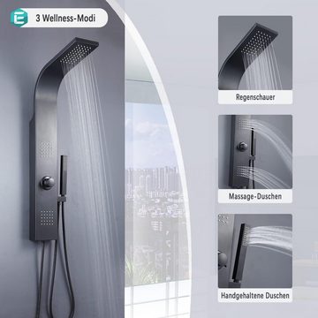 Elbe Duschsystem Duschpaneel ohne Armatur mit 3 Funktionen aus gebürstetes Edelstahl304, 2 Strahlart(en), Mit 2 x Massagedüsen, Regendusche und Handbrause, Mattschwarze Optik