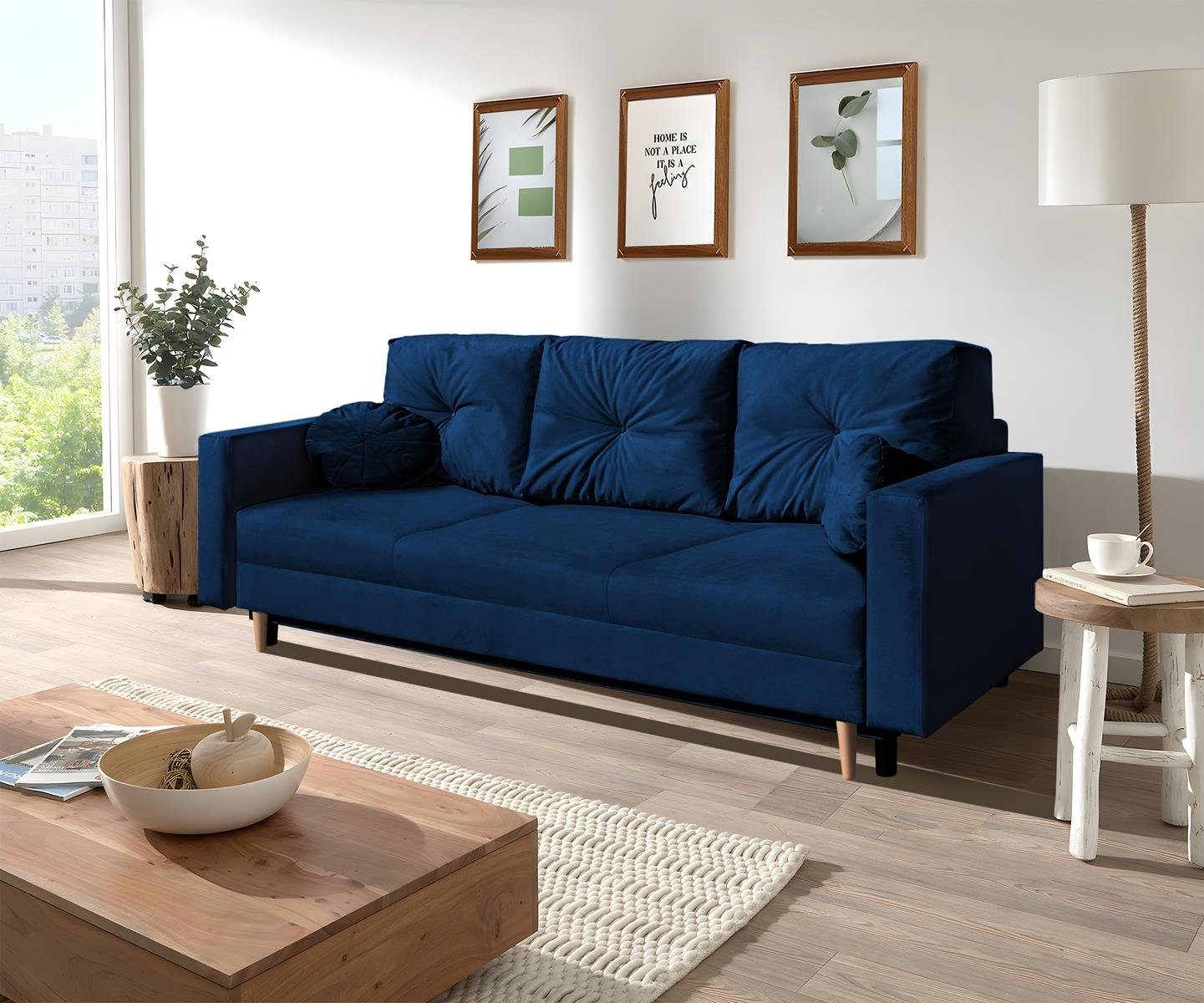 Beautysofa 3-Sitzer MILAN, skandinavisches Design, Wellenunterfederung, Bettkasten, Holzbeine, 3-Sitzer Sofa mit Relaxfunktion Dunkelblau (trinity 30)