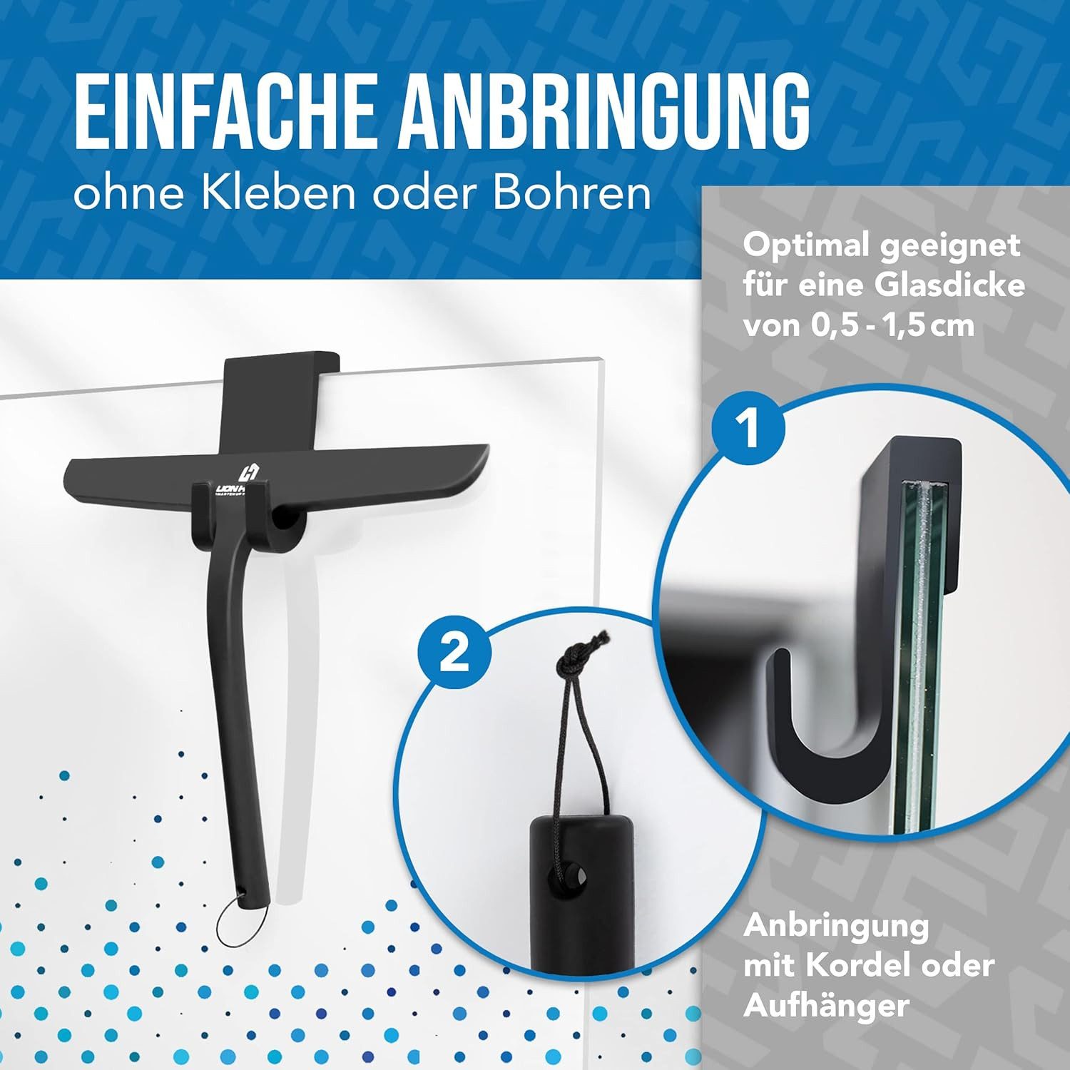Lion Home Duschabzieher Home Duschabzieher 27,5cm Matt Schwarz Inkl. Halterung & Zubehör Set, Silikon & Edelstahl Ohne Bohren: Glashaken & Kordel Streifenfrei – Bild 3 von 5