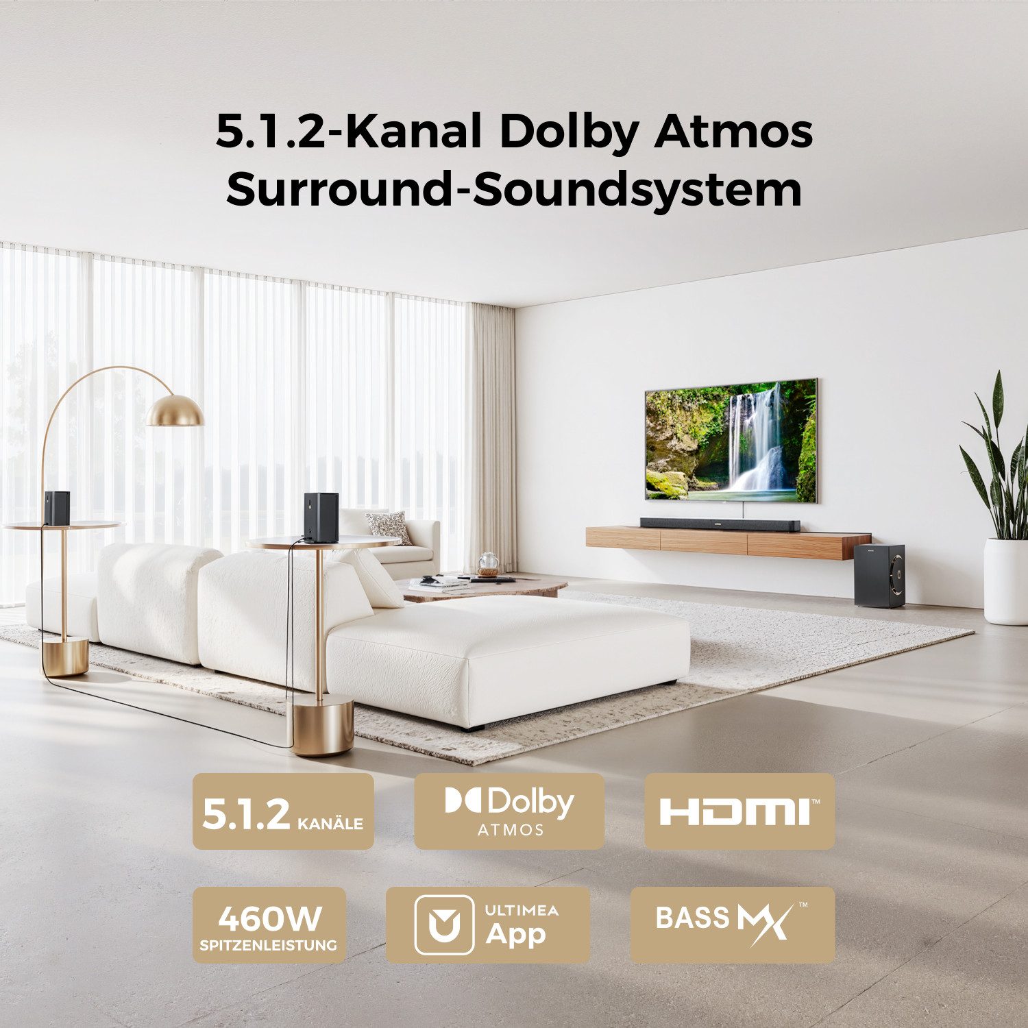 Ultimea Skywave F40 Boom Soundbar 5.1.2-Kanal Dolby Atmos (Bluetooth 5.4, HDMI eARC, 460 W, 360° SurroundX Audio, Verlustfreie Audioübertragung)