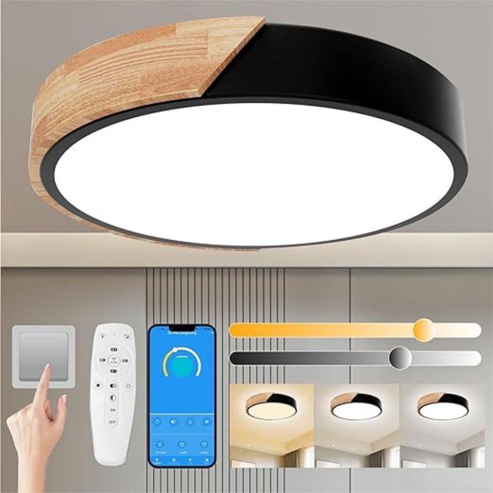 POPOLIC LED Deckenleuchte 24-W-moderne Leuchte, Deckenleuchte Holz, dimmbar günstig online kaufen