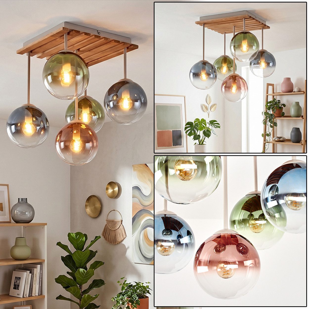 hofstein Deckenleuchte Deckenlampe aus Metall/Holz/Glas in Blau/Grün/Kupferfarben/Klar, moderne Deckenleuchte im Retro/Vintage/Boho-Design, 5 x E14