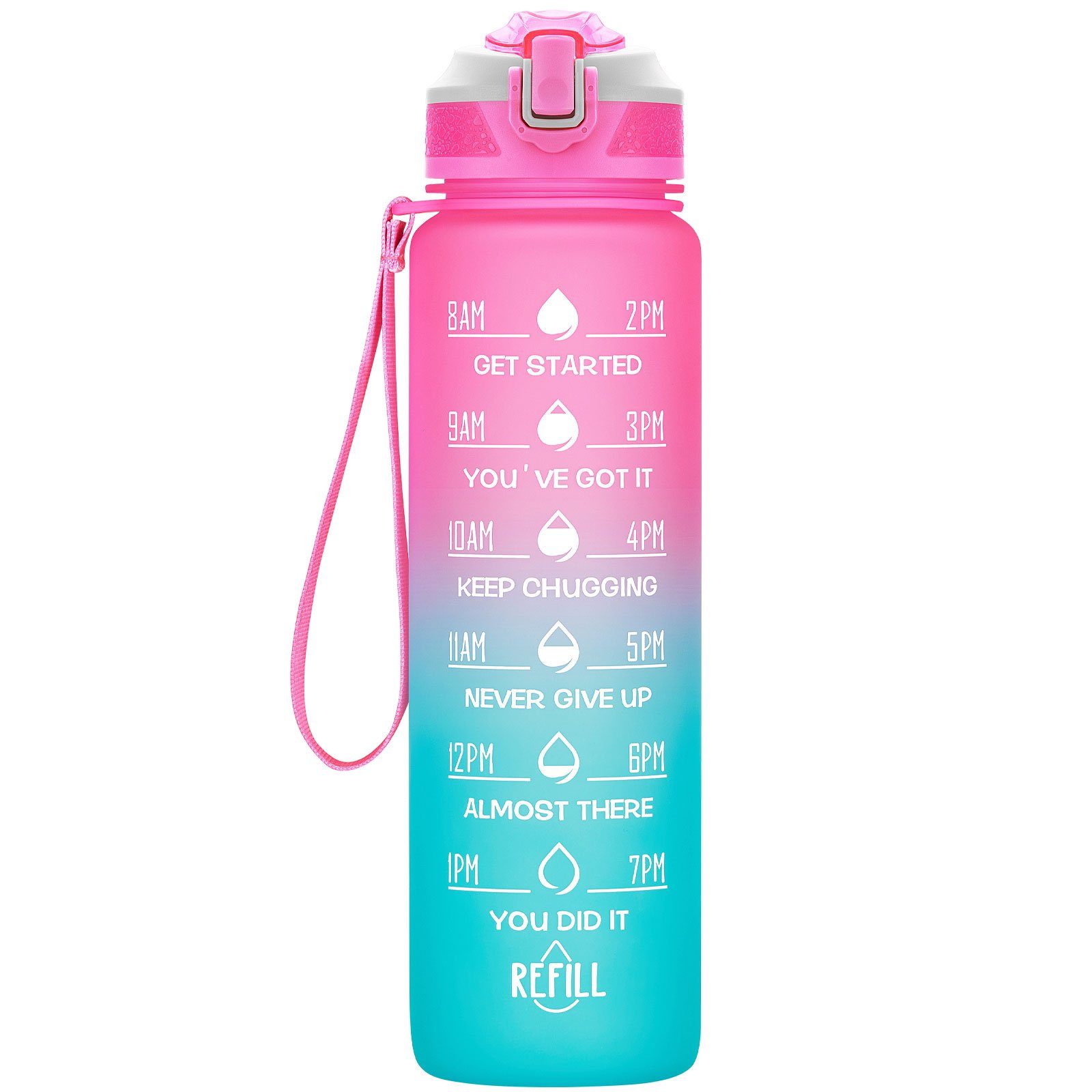1L, Fahrrad WISHDOR Sportflasche Zeitmarkierung Sport Pink/Hellgrün Liter Wandern Strohhalm Outdoor 1 Wasserflasche Camping Trinkflasche Fitness BPA-Frei Auslaufsicher und