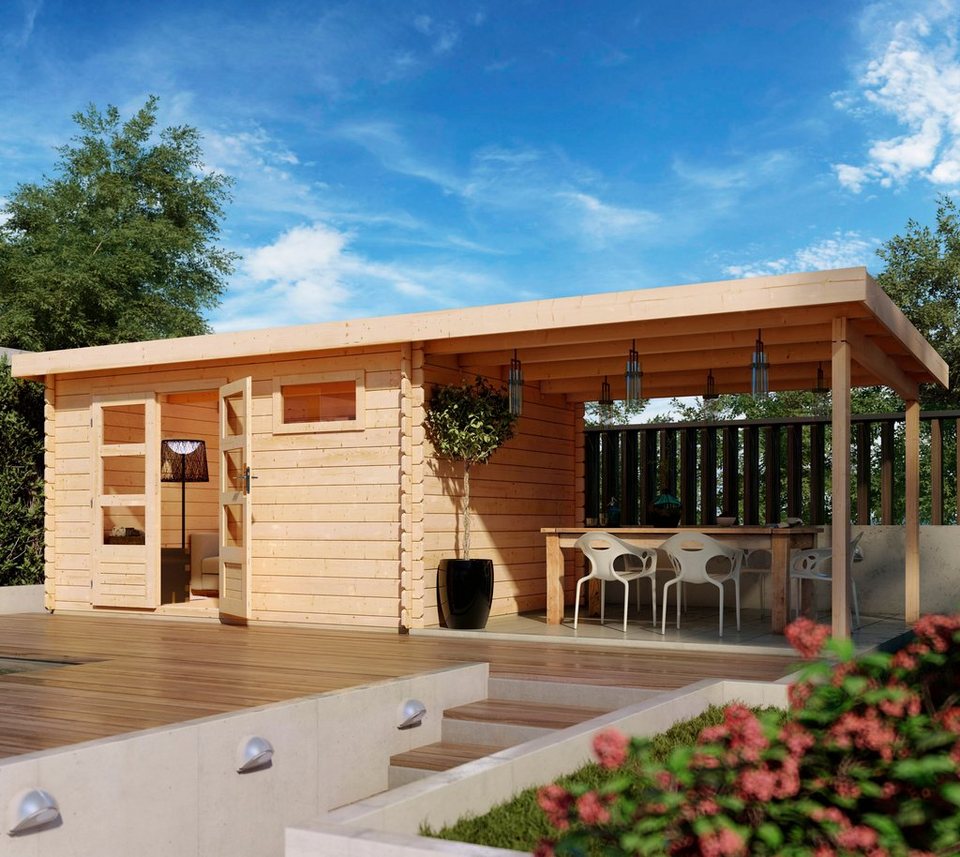 KONIFERA Gartenhaus »Schloßsee 8«, BxT: 704×333 cm, mit Anbaudach, anthrazit, terragrau oder natur