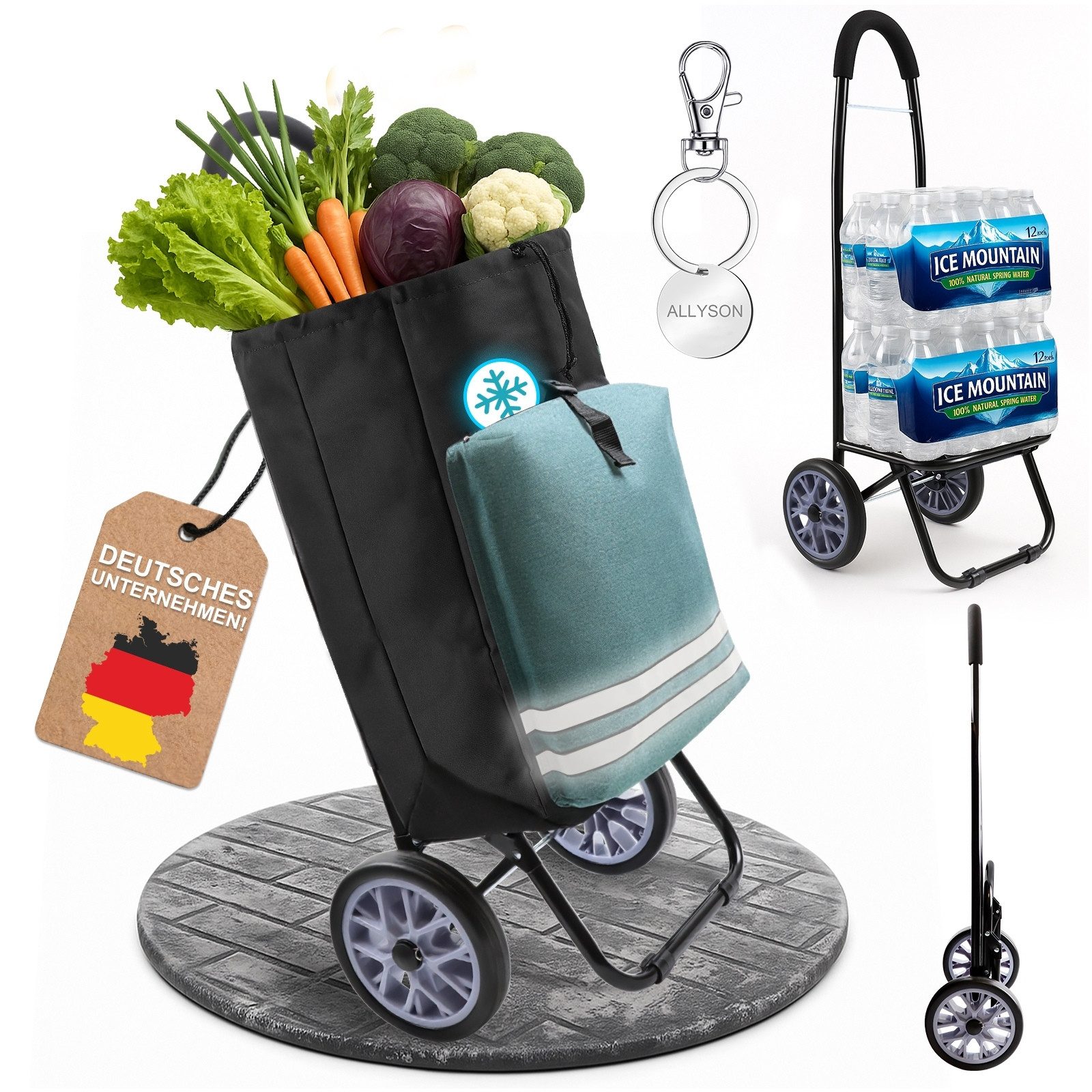 Allyson Einkaufstrolley Klappbarer Shopping Trolley & Einkaufswagen Treppensteiger, 45L Volumen, Kühlfach, Reflektoren, Farbe: Grün, Aluminium-Gestell