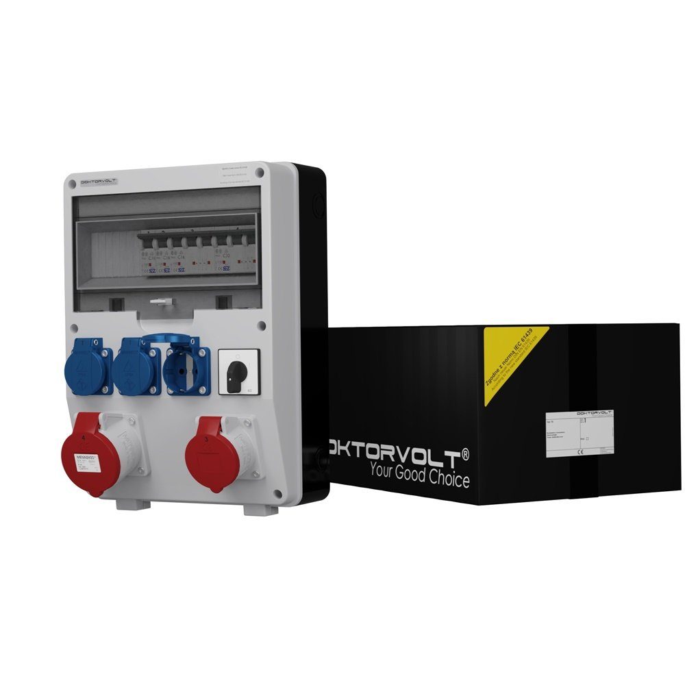 Doktorvolt Stromverteiler TD-S 32A 16A 3x230V Nockenschalter0-1 Baustromverteiler Steckdosenverteiler 5-fach (1 x LSS C16 3P 10kA, 1 x LSS C32 3P 10kA, 2 x LSS C16 1P 10kA), ausgestattet mit Mennekes-Steckdosen