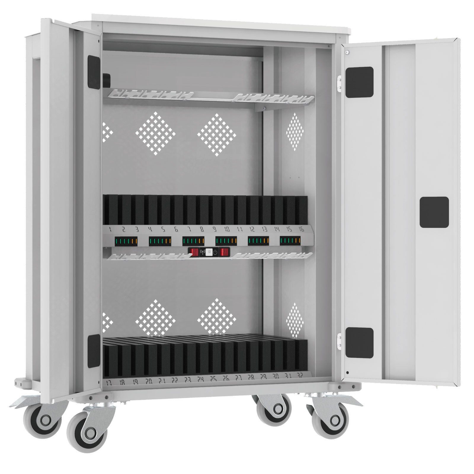 PROREGAL® Computerschrank Notebook-Wagen mit 32 Tablet Fächer + 1 Laptop Fach, Grau
