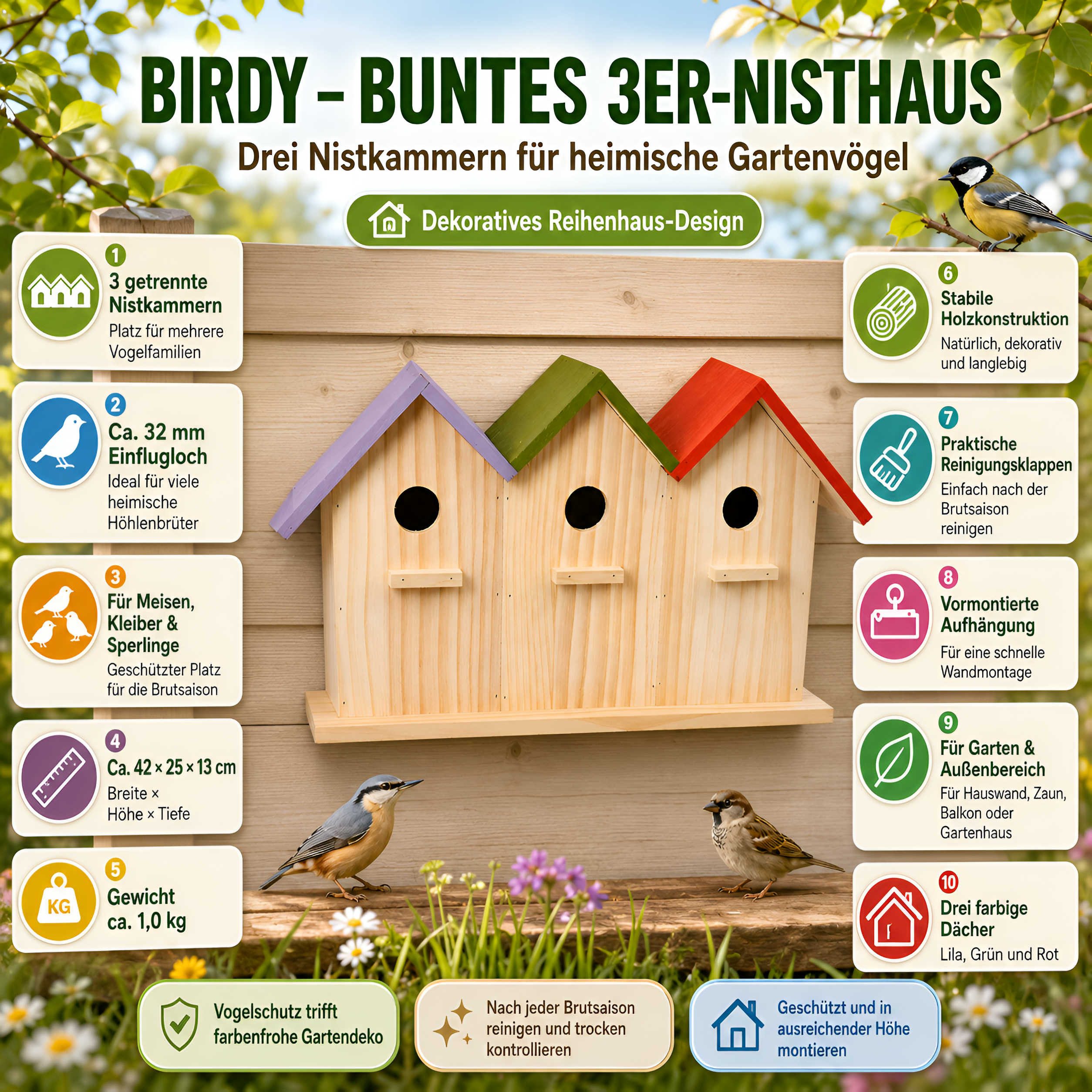 colourliving Vogelhaus Birdy »3er Reihenhaus«, aus Holz, Nistkasten für Meisen & Gartenvögel, 3 separate Kammern, Reinigungsklappen, integrierte Aufhängung