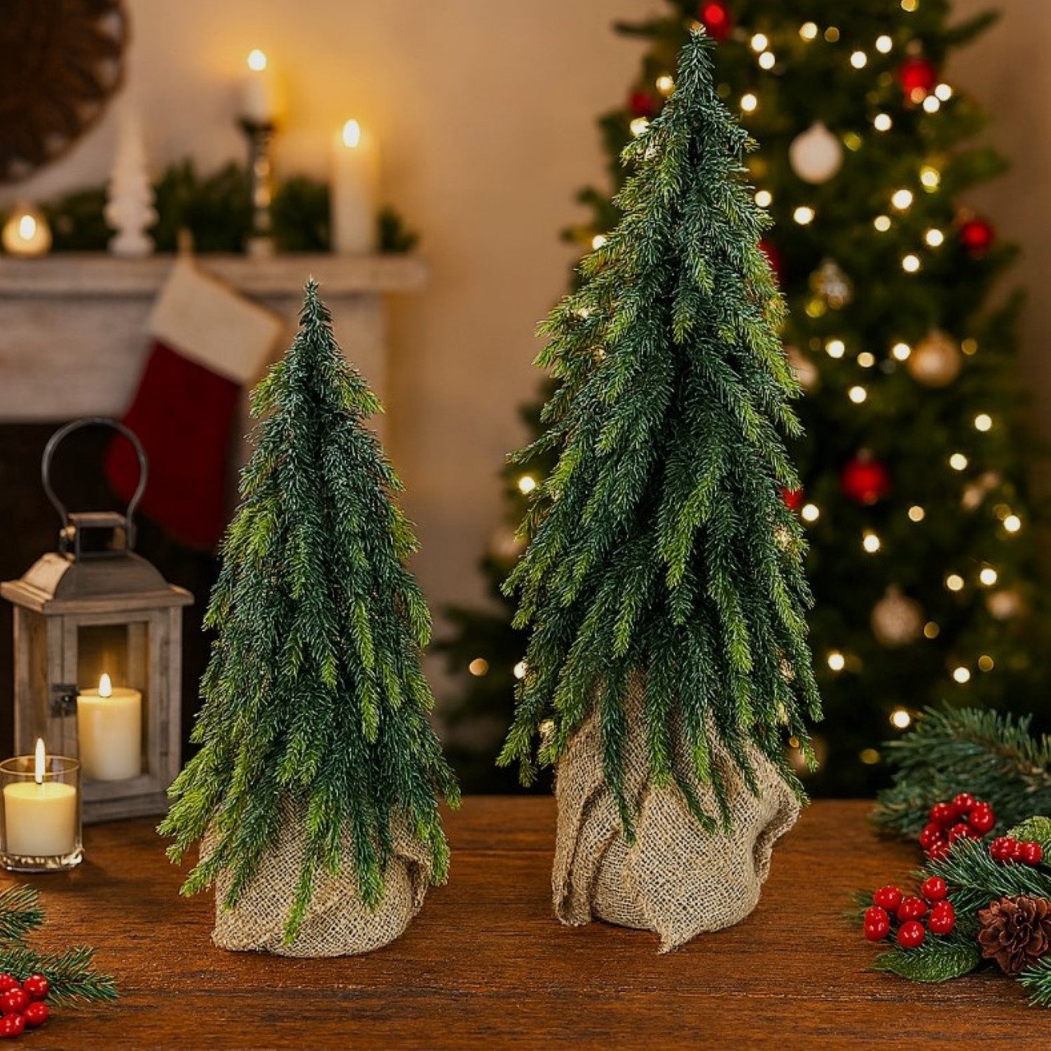 Online-Fuchs Künstlicher Weihnachtsbaum - 2 kleine Tannenbäume als Herbst-, Winter- und Weihnachtsdekoration, 27 und 36 cm groß, 2-farbige Nadeln