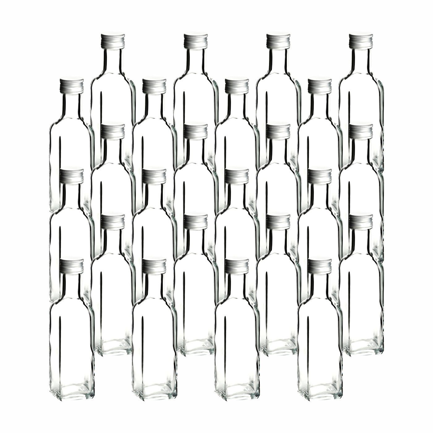 gouveo Trinkflasche Glasflaschen 100 ml Maraska mit Schraub-Deckel - Kleine Flasche 0,1l, 24er Set, transparent-silberfarben transparent - silberfarben