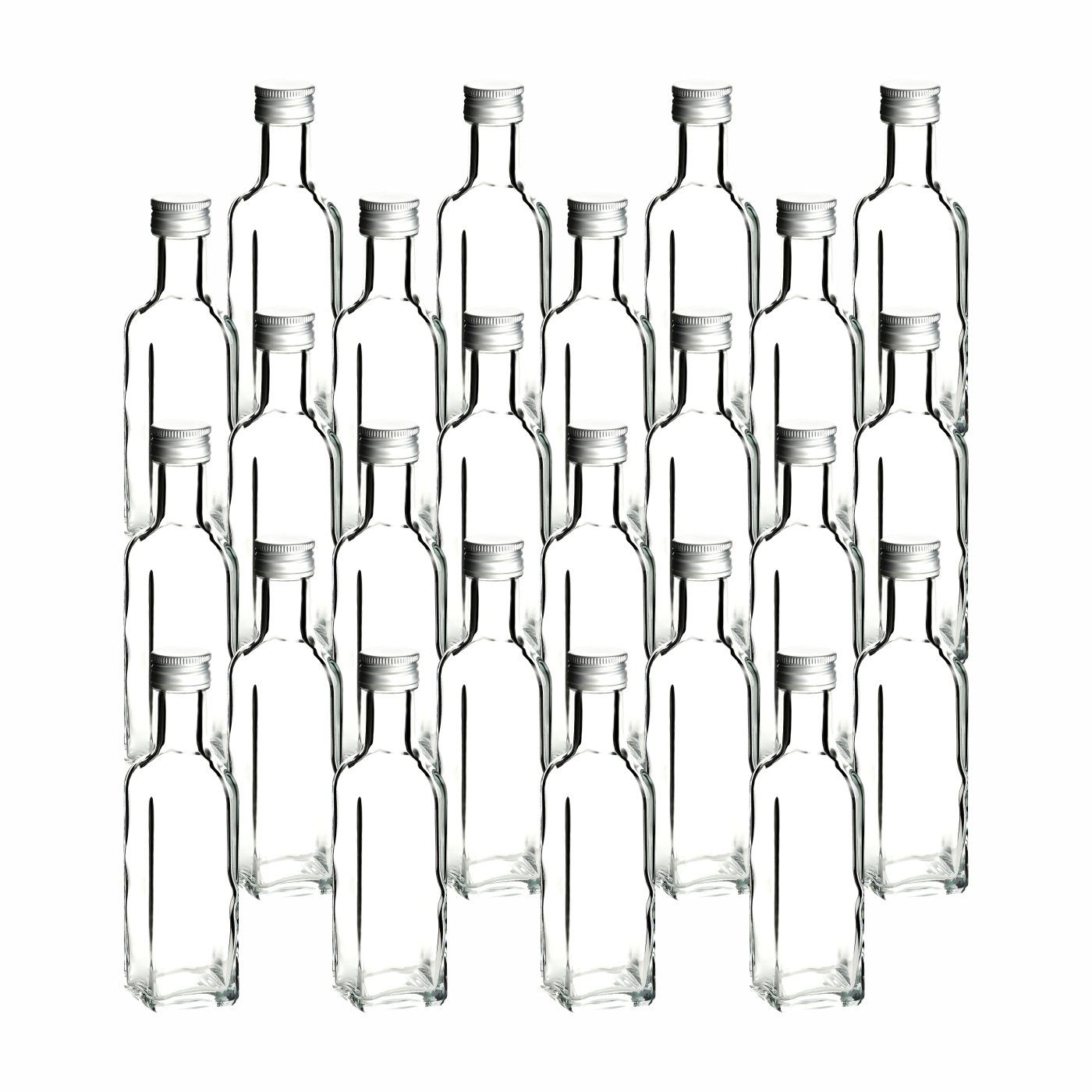gouveo Trinkflasche Glasflaschen 100 ml Maraska mit Schraub-Deckel - Kleine Flasche 0,1l, 24er Set, transparent-silberfarben