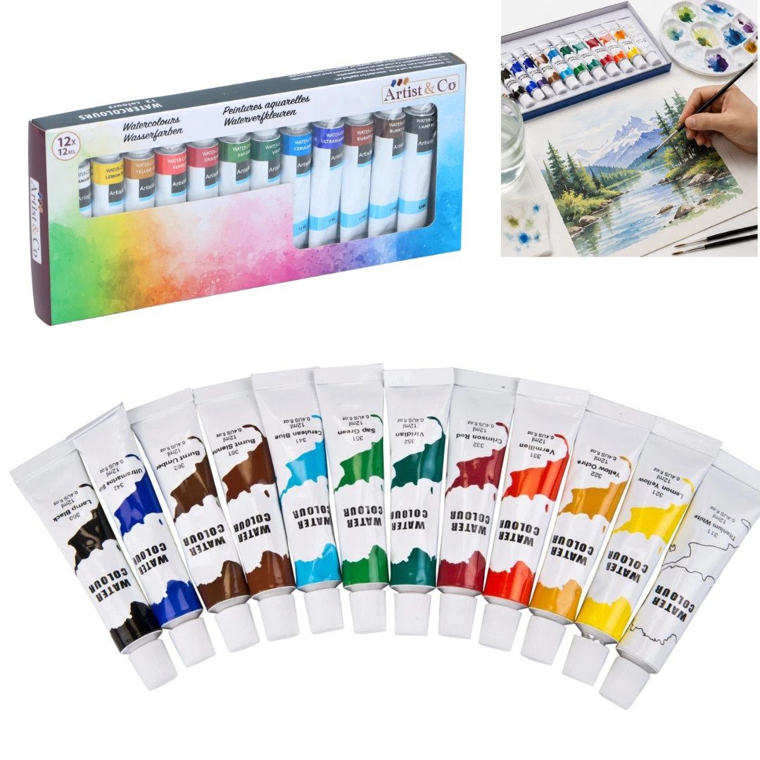 Artico Aquarellfarbe Aquarellfarben Set 12x12 ml Tuben Wasserfarben 12 Farbtöne, intensive Farben