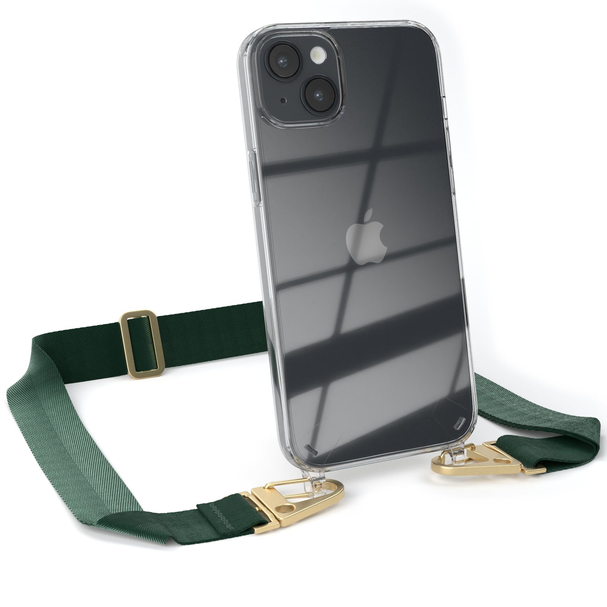 EAZY CASE Handykette Silikon Kette Karabiner für Apple iPhone 14 Plus 6,7 Zoll, Handytasche durchsichtige Silikon Hülle mit breitem Umhängeband Grün