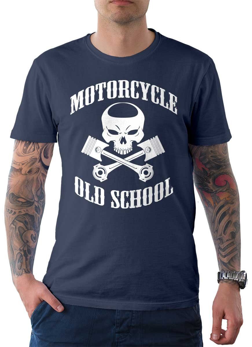 Rebel On Wheels T-Shirt Herren T-Shirt Tee Oldschool Punisher mit Biker / Motorrad Motiv Denim