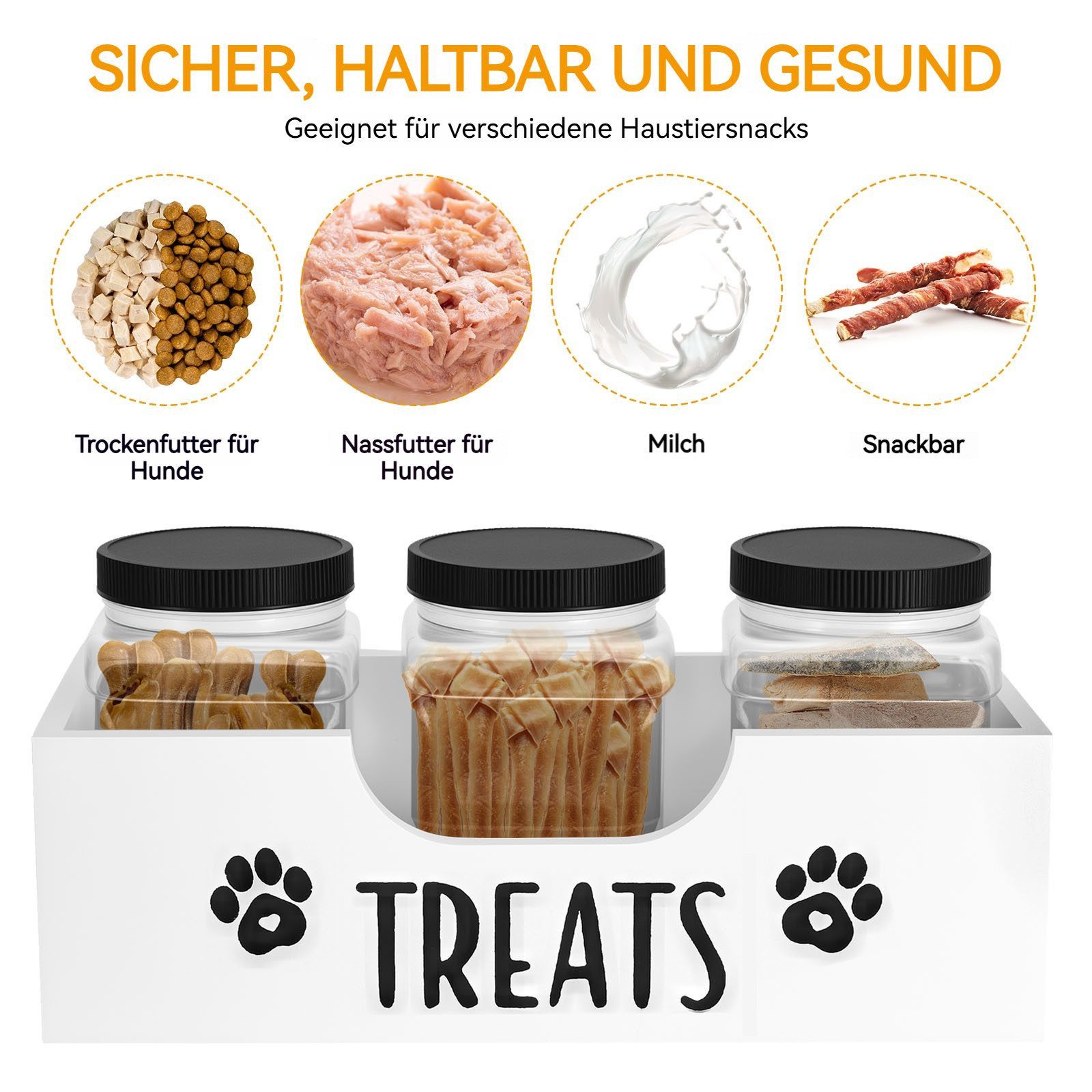 BlingBin Futterbehälter Aufbewahrungsbehälter für Tierfutter und Leckerlis mit 3 Dosen weiß, Holz, ABS, (1 Stück, 1-tlg., 32*12.5*10cm), Aufbewahrungsbox aus Holz für Tierleckereien für Katzen und Hunde