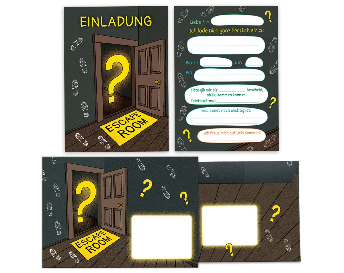 JUNAPACK Einladungskarten Escape Room zum Kindergeburtstag Mädchen Jungen Einladungen Umschlägen, Einladungskarten mit Umschlägen zum Geburtstag für Escape Room