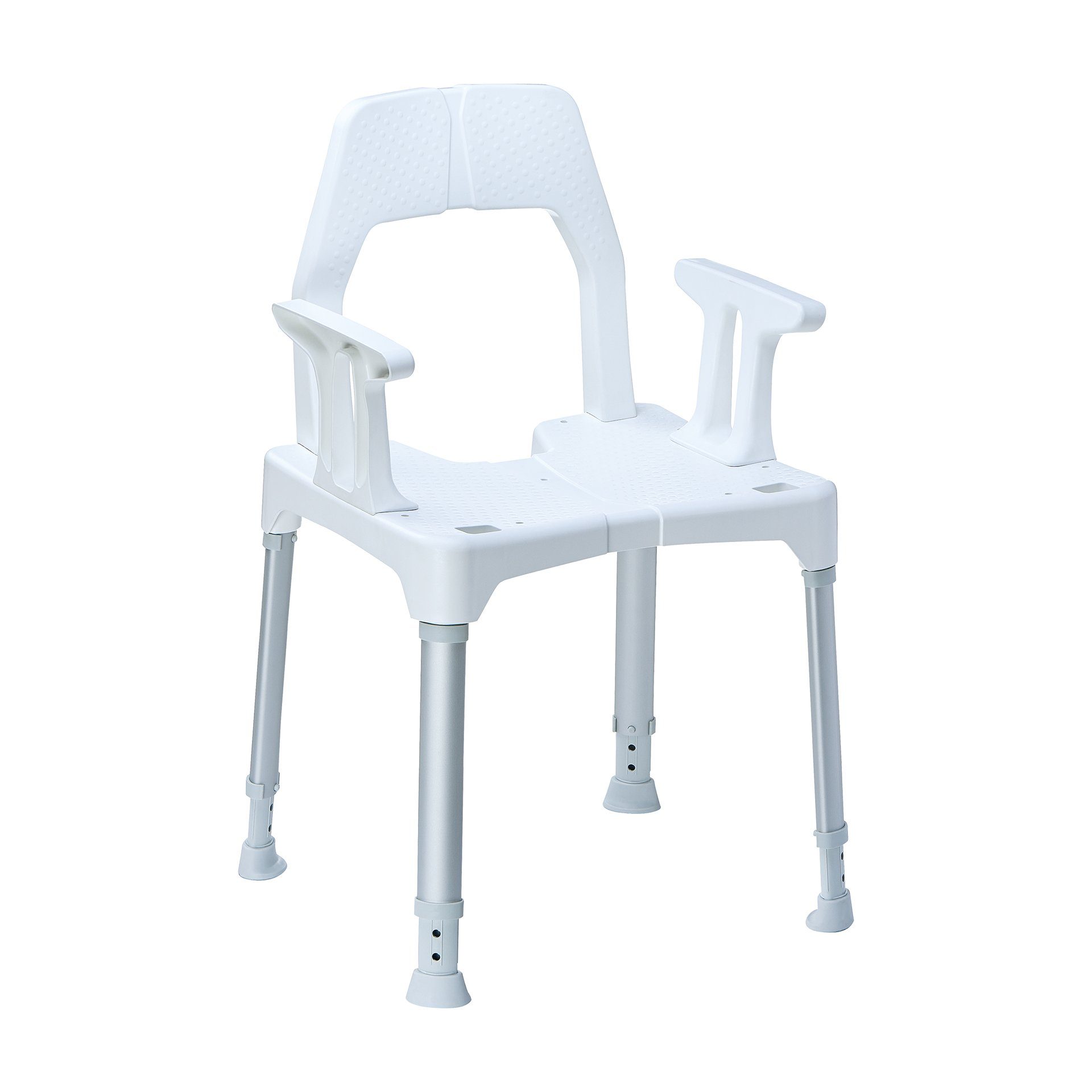 DIETZ® REHA-PRODUKTE Dusch- und Badhocker Duschstuhl TAYO mit Rückenlehne, Armlehnen+Hygieneausschnitt höhenv., Belastbar bis 130 kg, Duschsitz, Duschstuhl, Rutschfester Stand