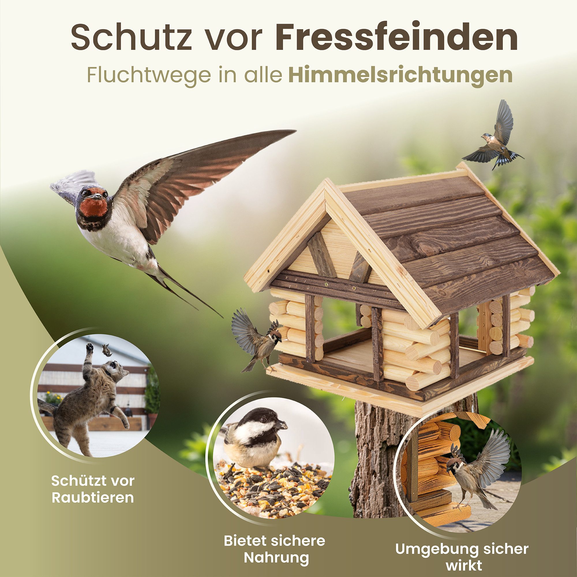MAZUR Futterstation Vogelfutterhaus aus Naturholz 38 x 39,5 x 34,5 cm, Wetterfestes Vogelhaus, Futterstation für Wildvögel im Garten