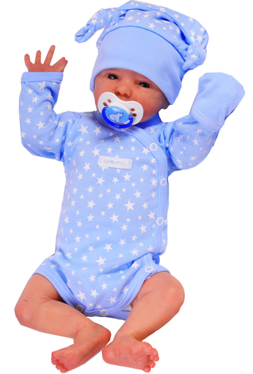 La Bortini Wickelbody Baby Set Langarmbody und Mütze Body Knotenmütze in Blau aus Baumwolle, mit Sternen Muster