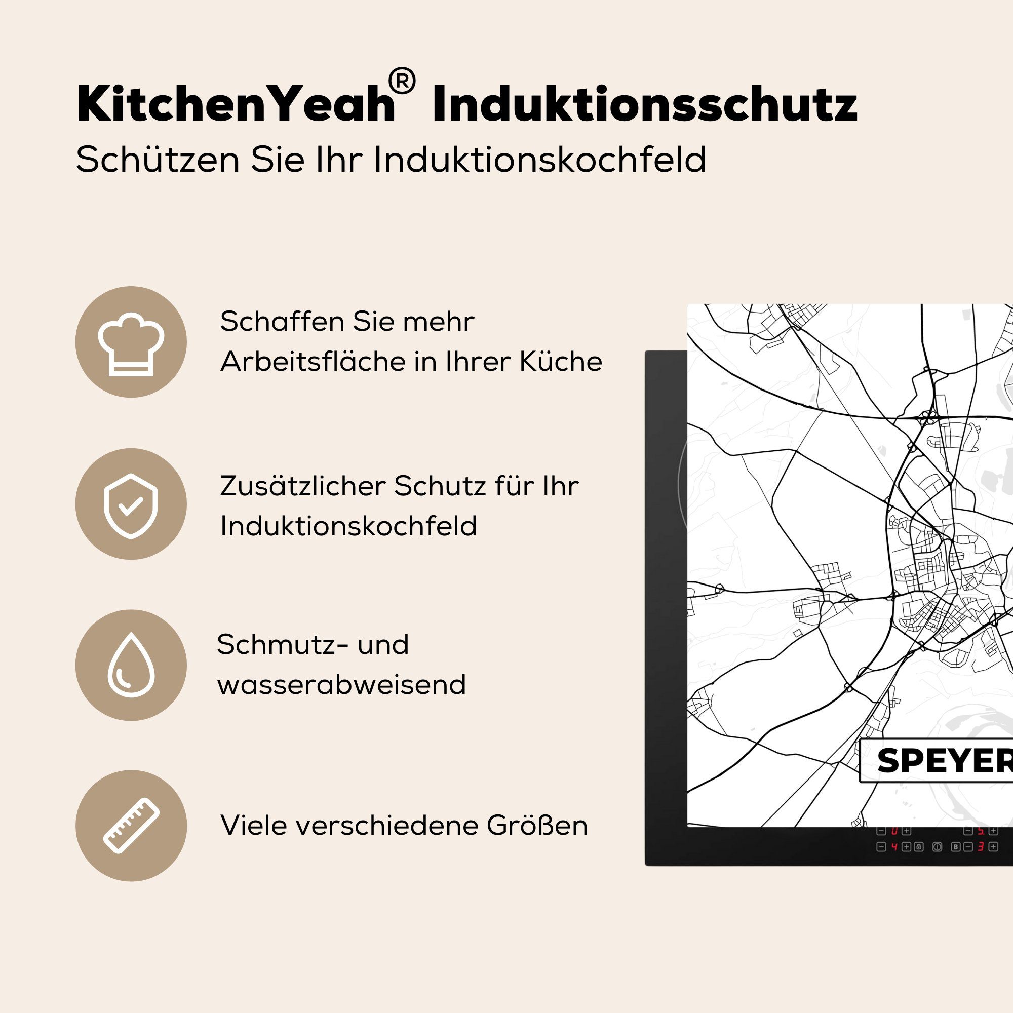 für tlg), Karte, Vinyl, Arbeitsplatte - - Stadtplan Herdblende-/Abdeckplatte MuchoWow (1 cm, Speyer küche Ceranfeldabdeckung, 78x78