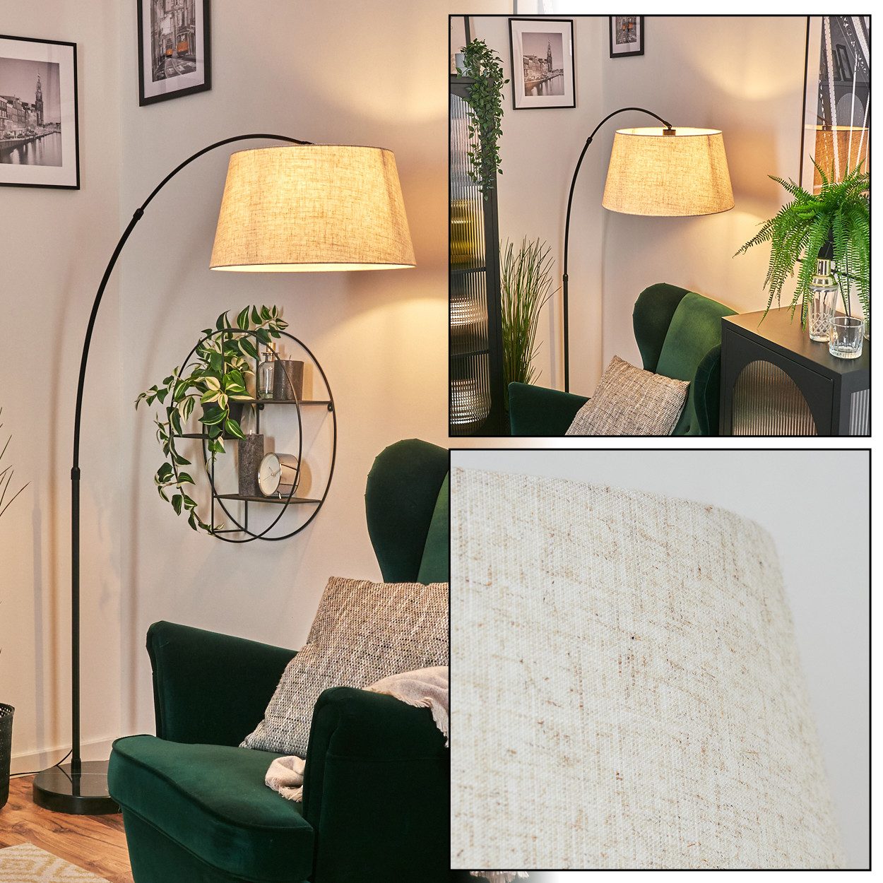 hofstein Bogenlampe Stehlampe mit Marmorfuß aus Metall/Stoff in Schwarz/Beige/Weiß, verstellbare Stehleuchte im modernen Design, Ø 45 cm, Fußschalter, E27