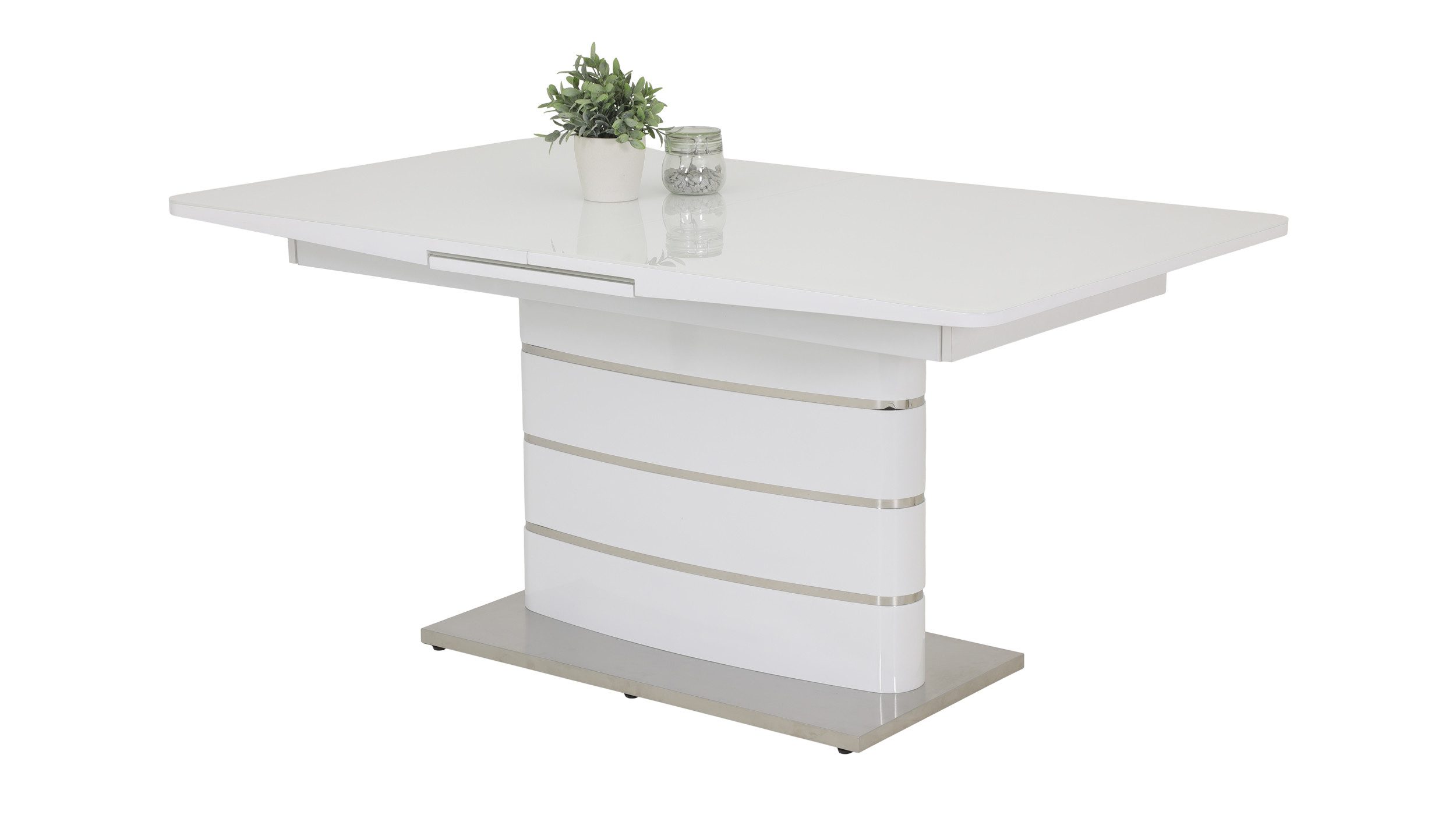 Die Möbelfundgrube® Säulen-Esstisch ANASTASIA 160 - 200 cm ausziehbar / weiß hochglanz / Synchronauszug, Einlegeplatte / Tischplattenstärke 23 - 28 mm