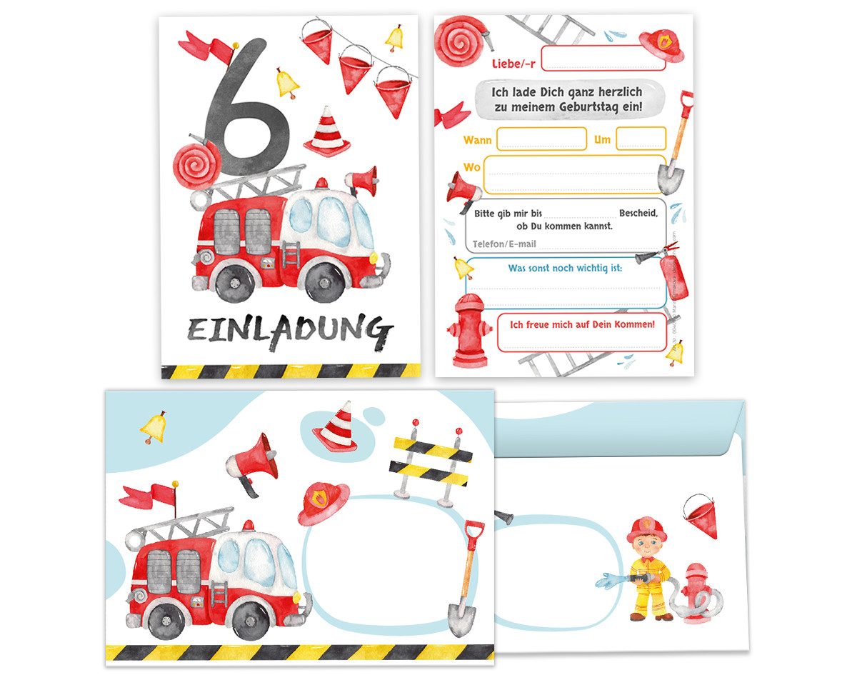 JUNAPACK Einladungskarten Feuerwehr zum Kindergeburtstag Karten Einladungen mit Umschlägen, Einladungskarten mit Umschlägen zum sechsten Geburtstag Feuerwehr
