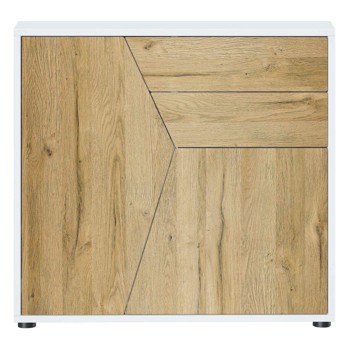 Vladon Kommode Benny (Kommode, mit 2 Türen und 2 Schubladen), Weiß matt/Eiche Natur (79 x 74 x 36 cm)