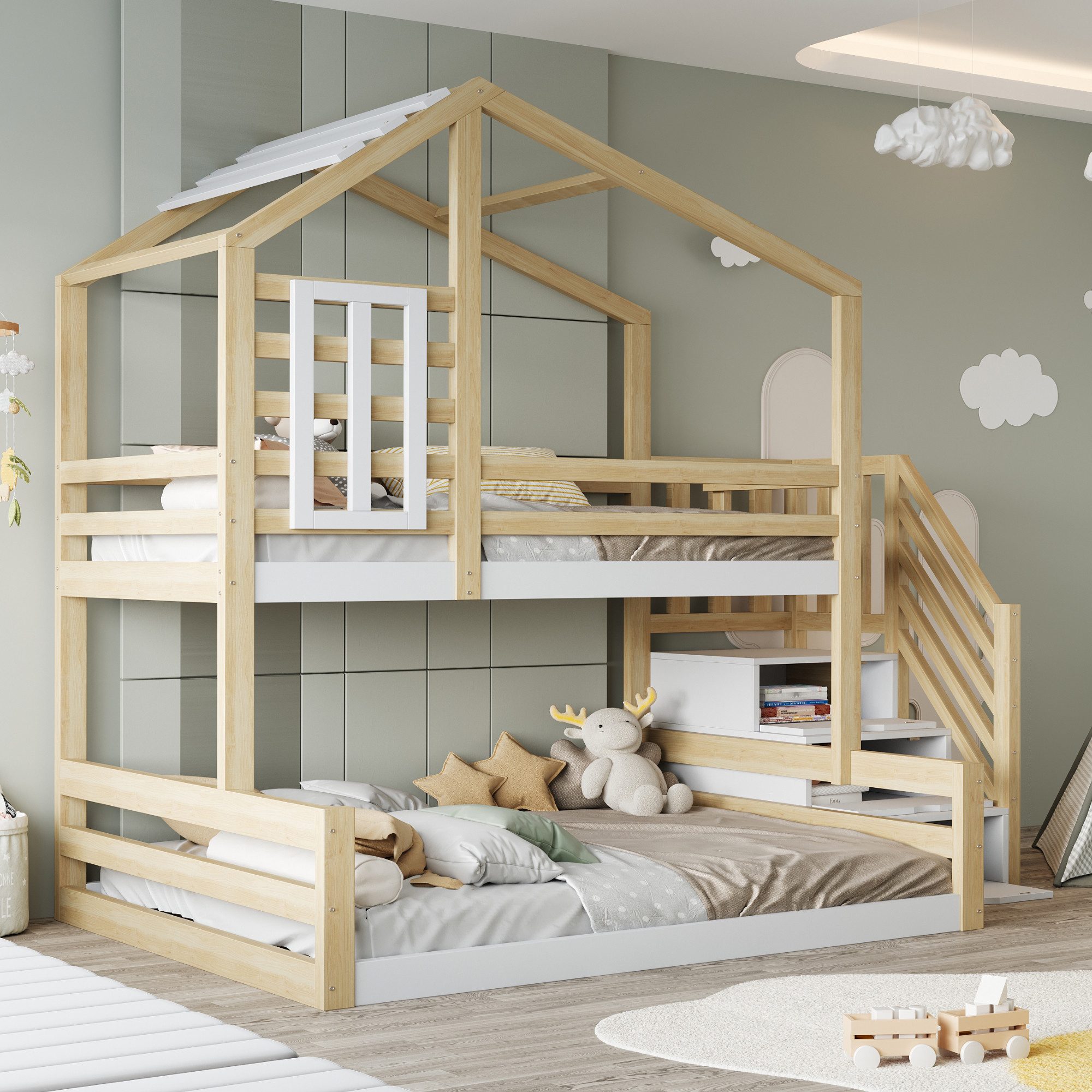 Flieks Etagenbett, Kinderbett 90x200cm+140x200cm mit Haus-Fenster-Design, Stauraumtreppe