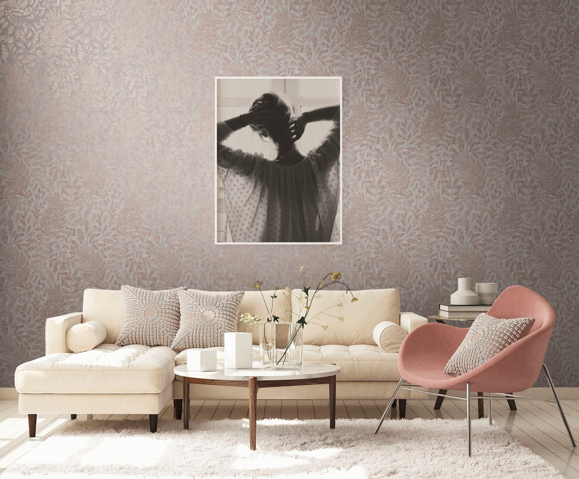 A.S. Création Vliestapete THE BOS Blätter Floral, glatt, gemustert, matt, neutral, (1 St), Florale Tapete Tapete Floral Tapeten Wohnzimmer Schlafzimmer Küche
