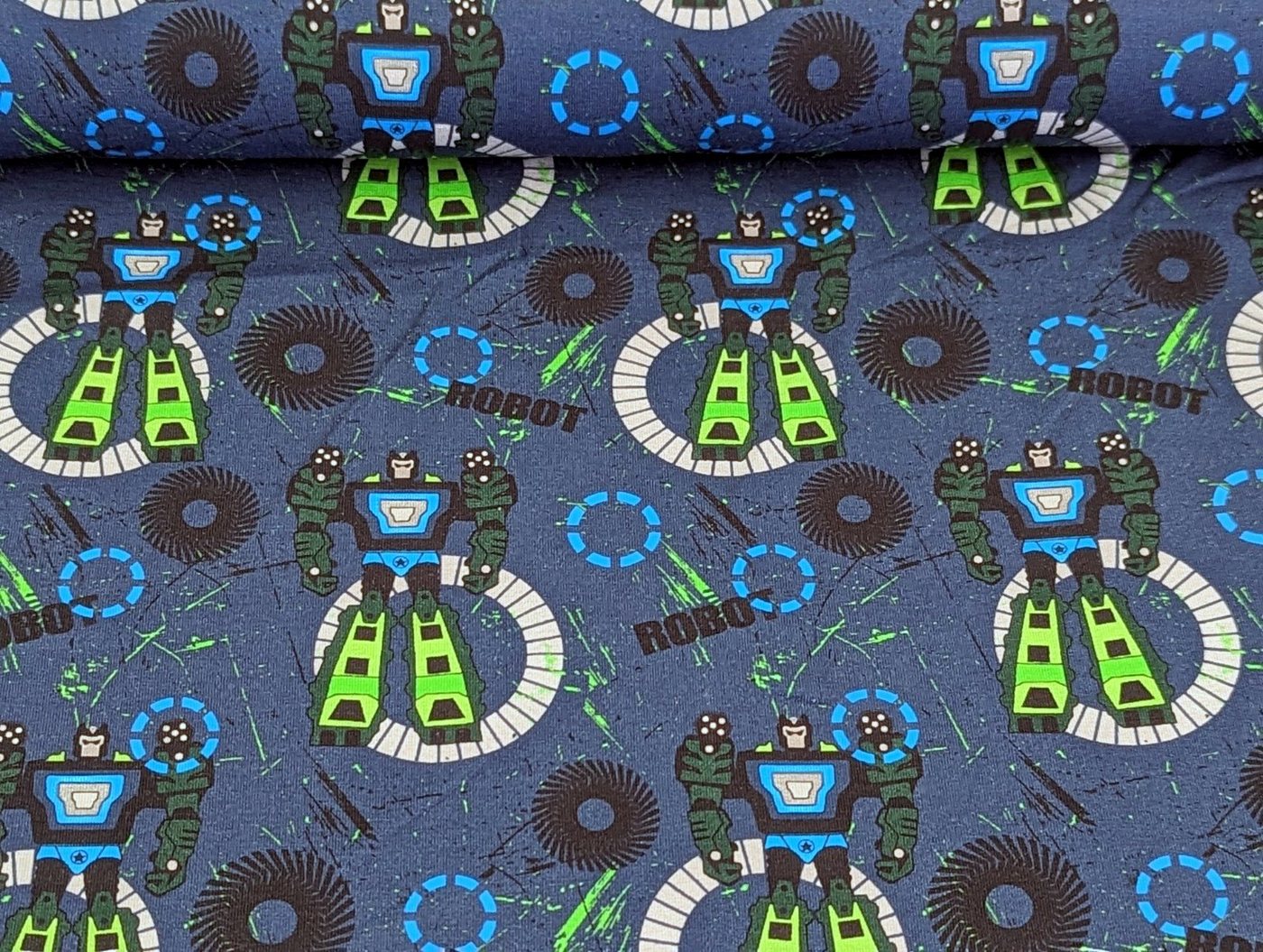 Thumbnail - Corileo Stoff Baumwolljersey Druck Blau Grün Roboter -KATINOH – Stoff