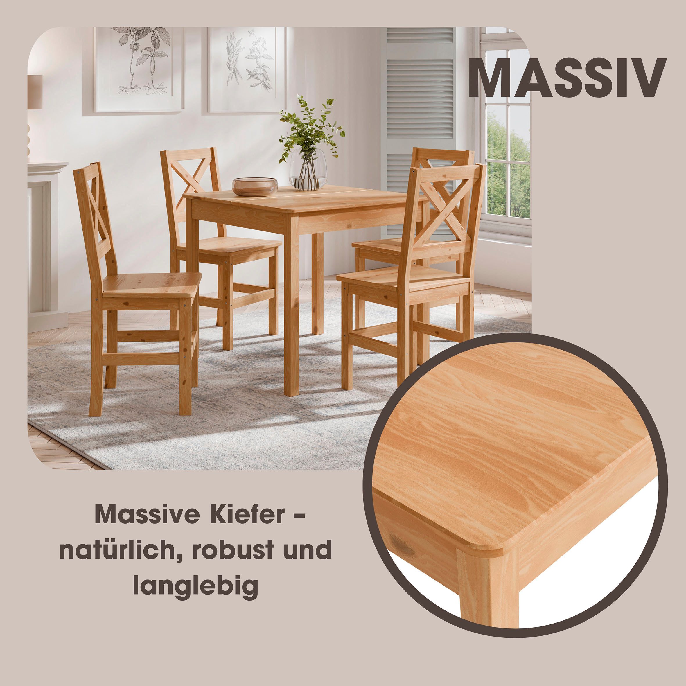 Home affaire Essgruppe Malmö, (Set, 5-tlg), bestehend aus Tisch und Stühlen in Kiefer Massivholz naturfarbig