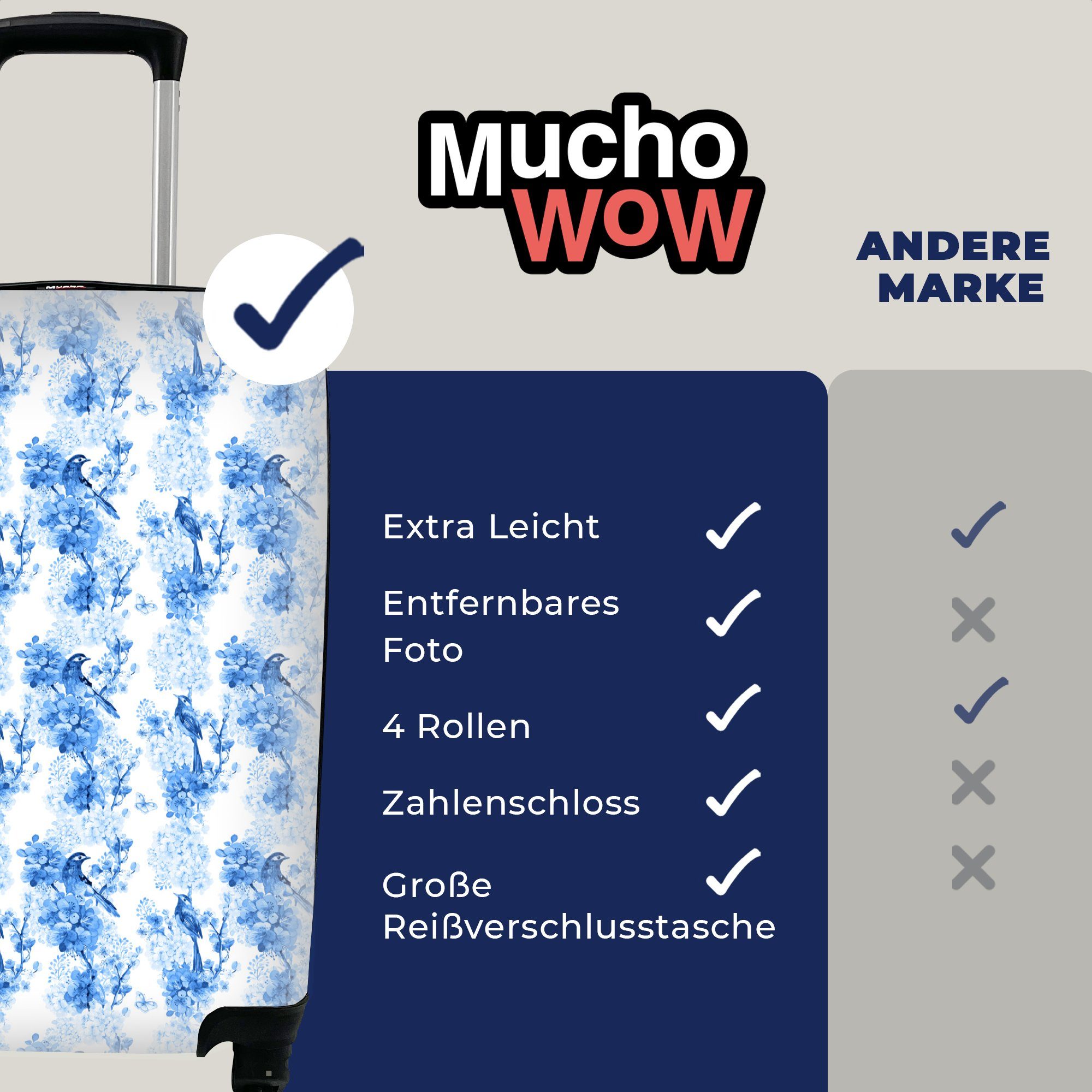 MuchoWow Handgepäckkoffer Blumen 4 - Blau, rollen, - mit Ferien, Trolley, für Reisekoffer Reisetasche Vögel Handgepäck Rollen