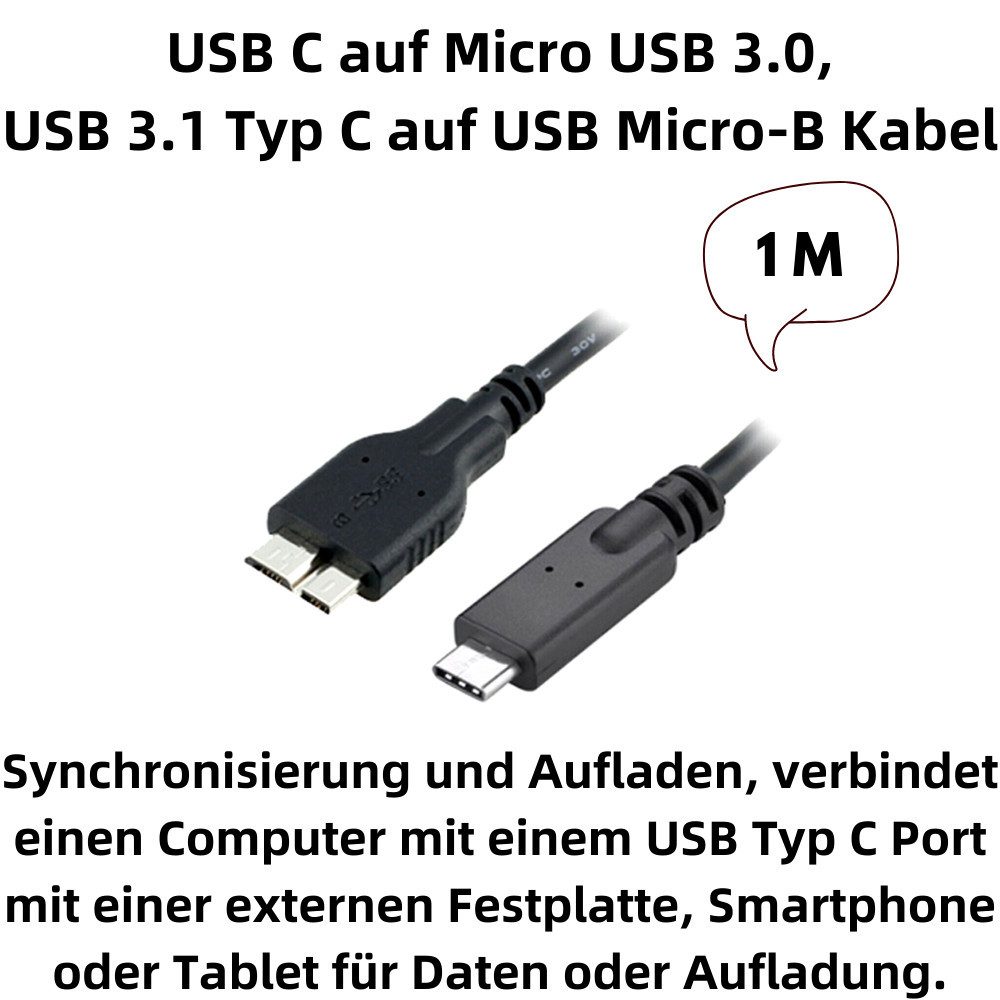 Bolwins H68 USB Typ C auf USB 3.0 micro B Stecker Kabel Festplatte Adapter 1m USB-Kabel, USB 3.1 Typ C Stecker, beidseitig einsteckbar, moderner Standard für neue Geräte, USB 3.0 Micro-B Stecker, passend für externe Festplattengehäuse und USB-Endgeräte (100 cm), SuperSpeed Datenübertragung bis 5 Gbit/s, stabil und zuverlässig