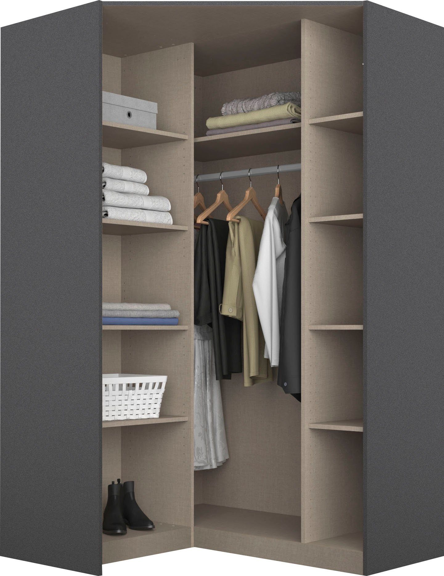 rauch Eckkleiderschrank Kleiderschrank Schrank Eckschrank Ankleide Garderobe CELLE (Schenkelmaß: 117x117 cm, Höhe 197/210 cm) optional mit Spiegel oder Hochglanzfront MADE IN GERMANY